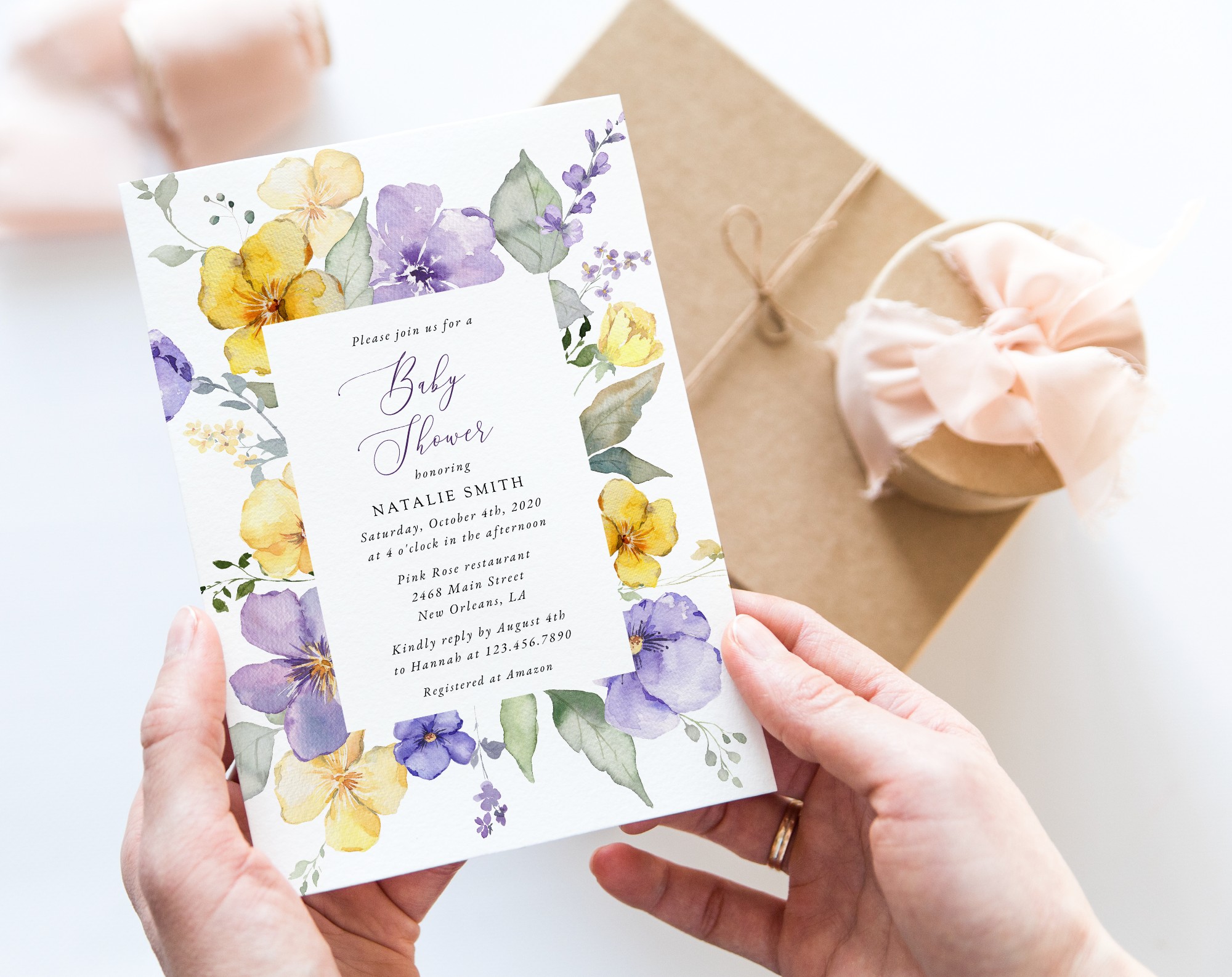 Purple and Yellow Flowers Baby Shower Invitation, Girl Baby Shower, Printable File, Edit Yourself, SH206