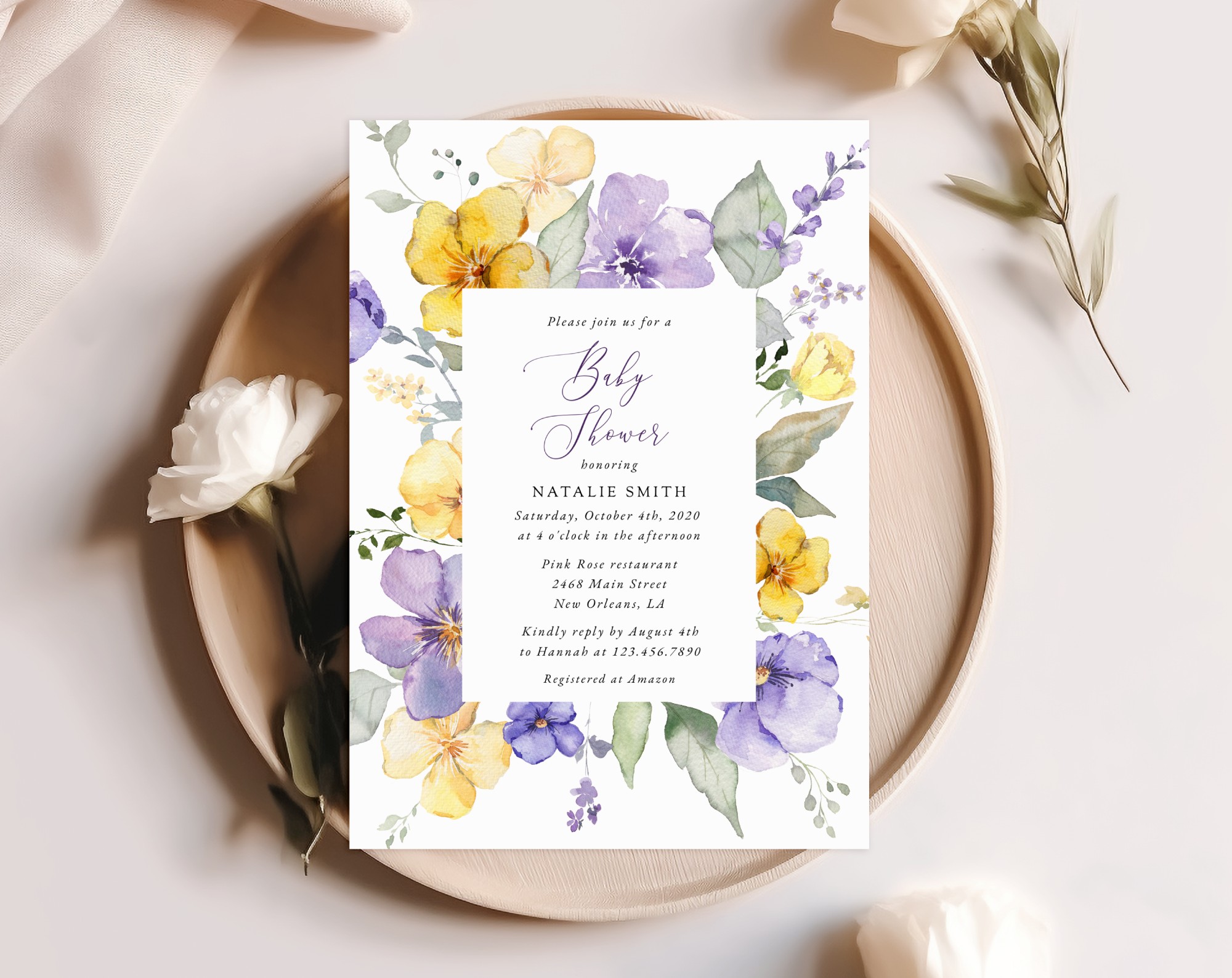 Purple and Yellow Flowers Baby Shower Invitation, Girl Baby Shower, Printable File, Edit Yourself, SH206