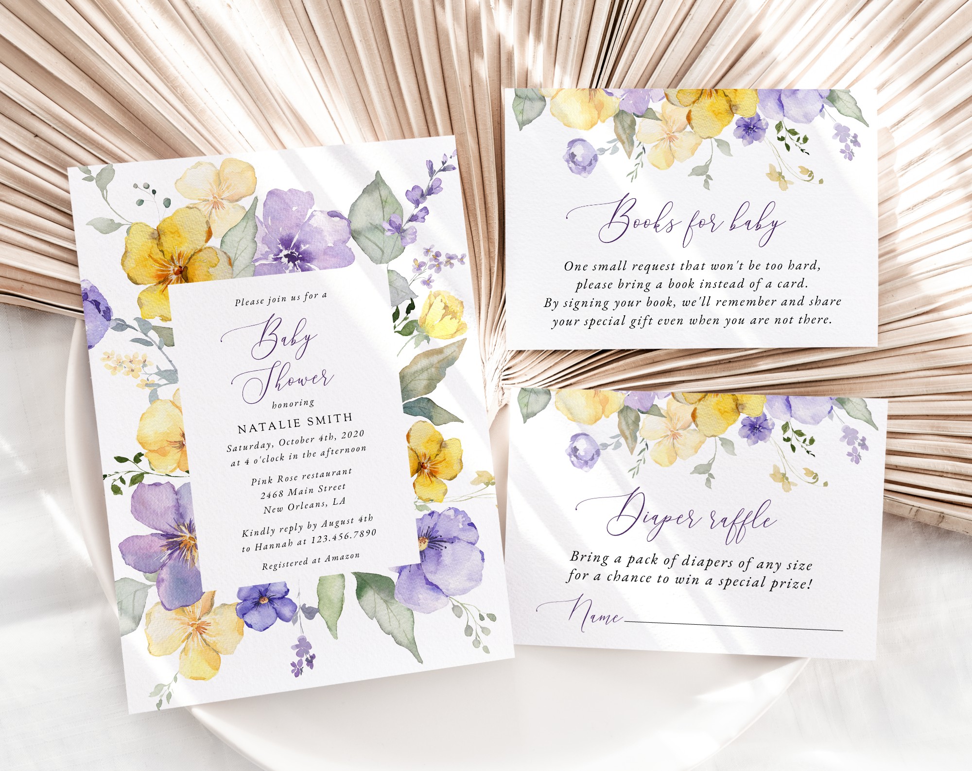 Purple and Yellow Flowers Baby Shower Invitation Suite, Girl Baby Shower, Printable File, Edit Yourself, SH206