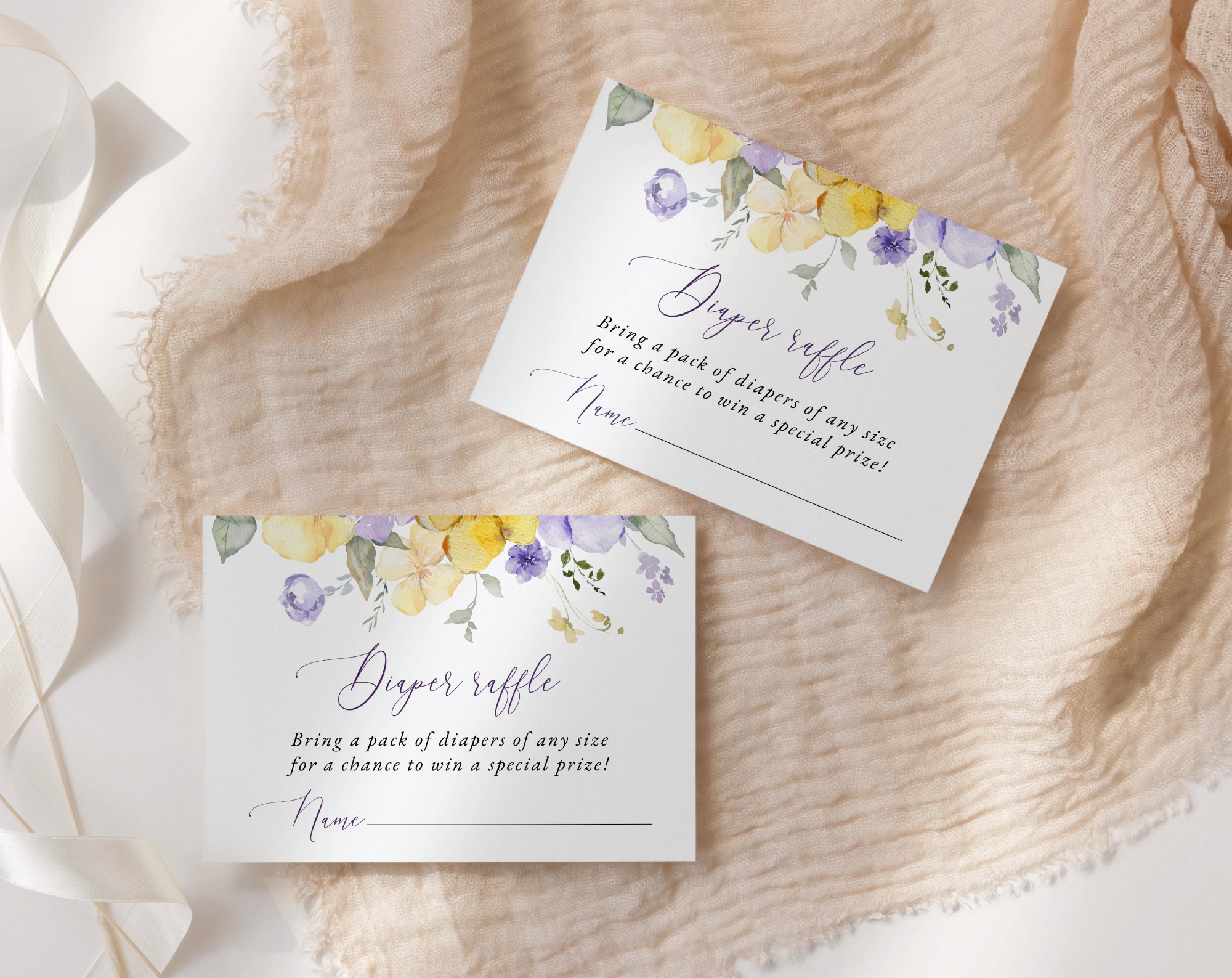 Purple and Yellow Flowers Baby Shower Invitation Suite, Girl Baby Shower, Printable File, Edit Yourself, SH206
