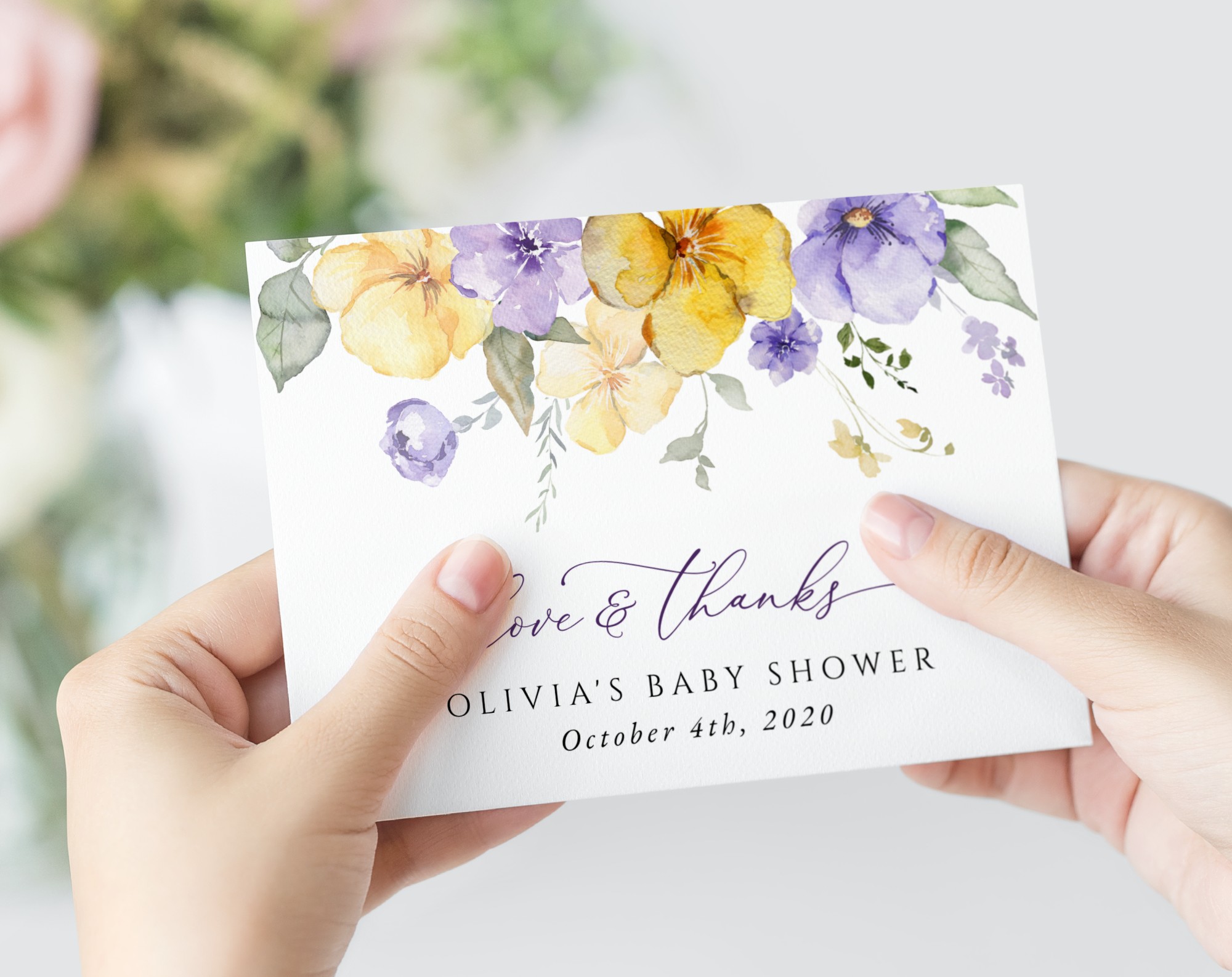 Purple and Yellow Flowers Thank You Card, Girl Baby Shower, Printable File, Edit Yourself, SH206