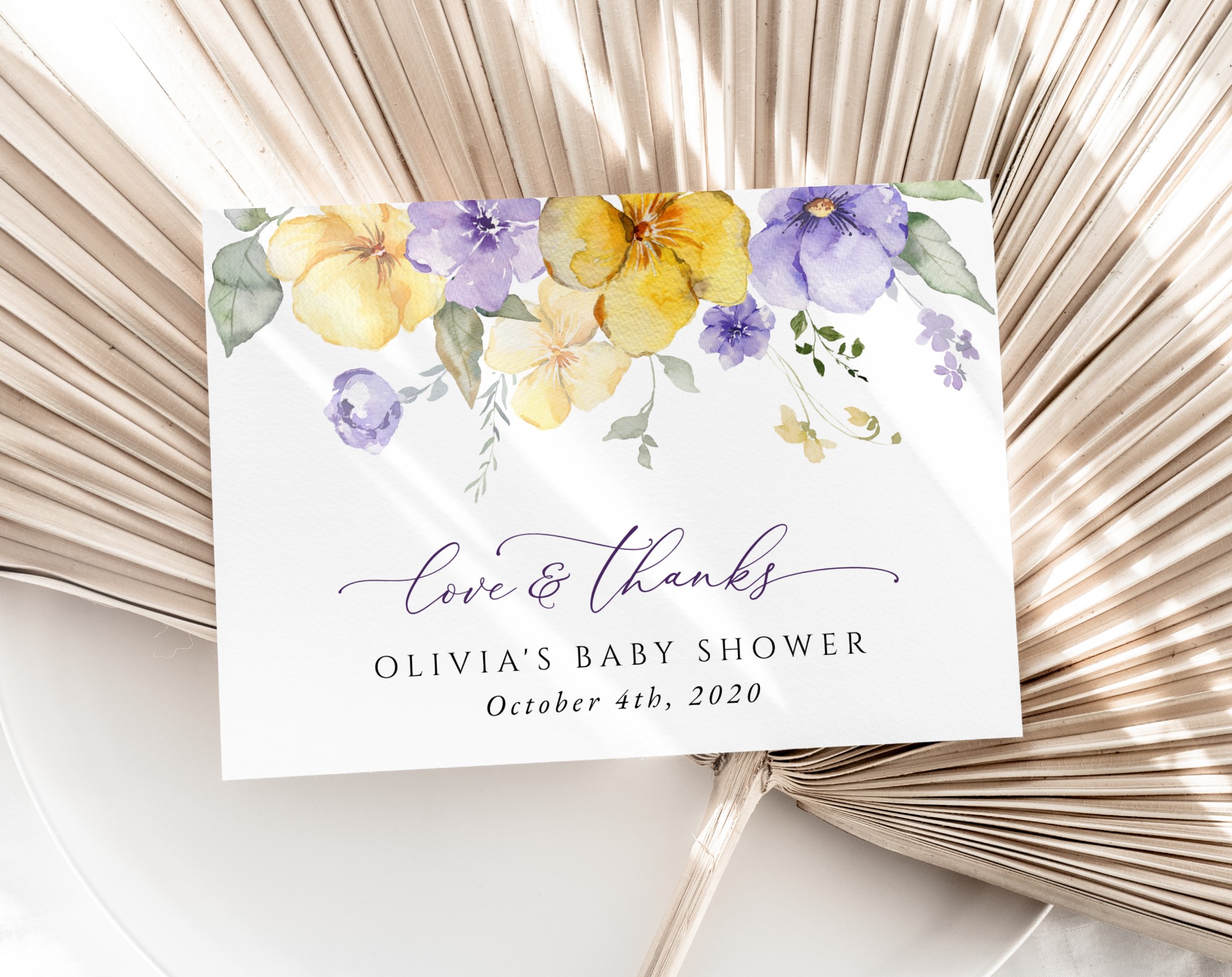 Purple and Yellow Flowers Thank You Card, Girl Baby Shower, Printable File, Edit Yourself, SH206