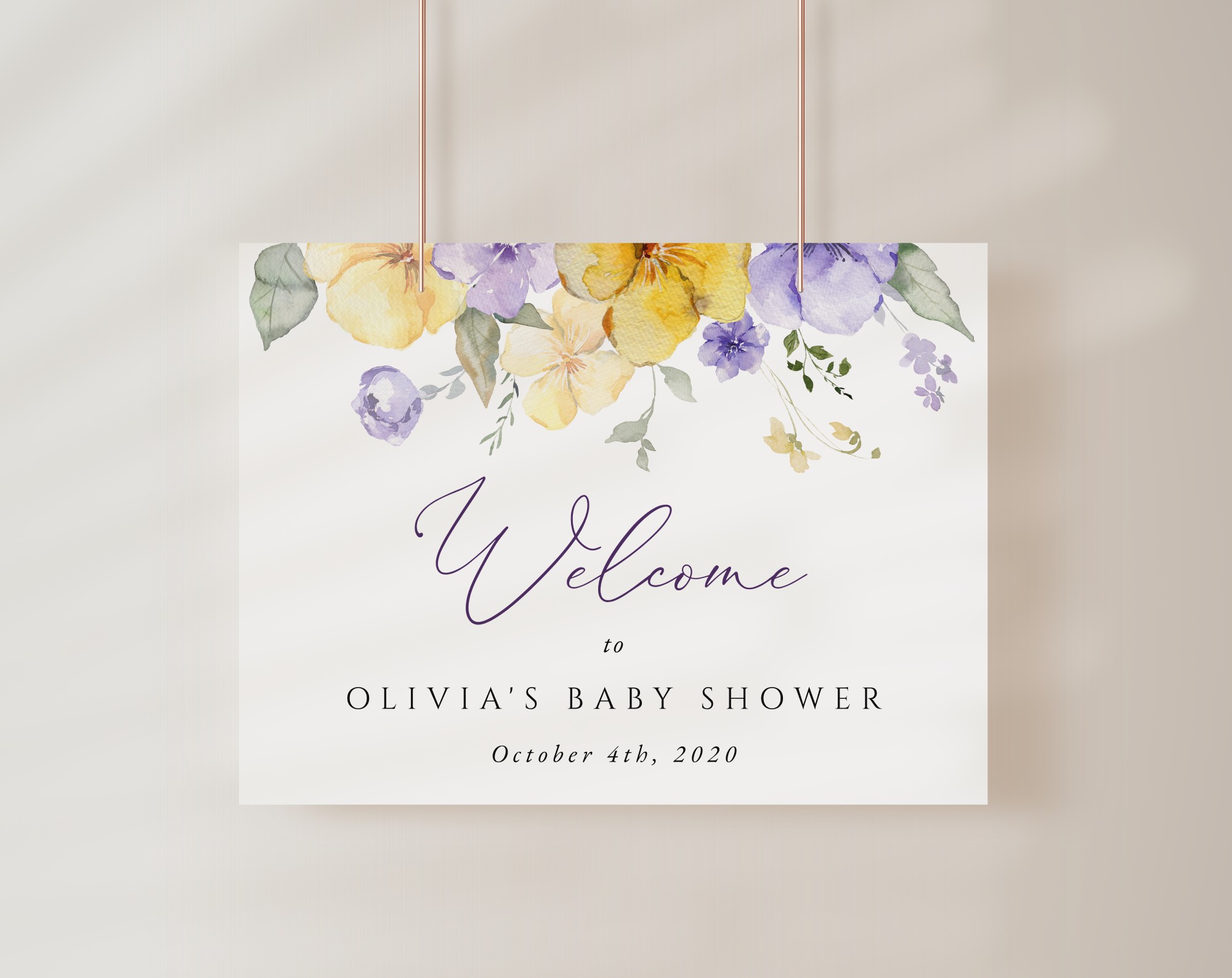 Purple and Yellow Flowers Welcome Sign, Baby Shower Sign, Girl Baby Shower, Printable File, Edit Yourself, SH206