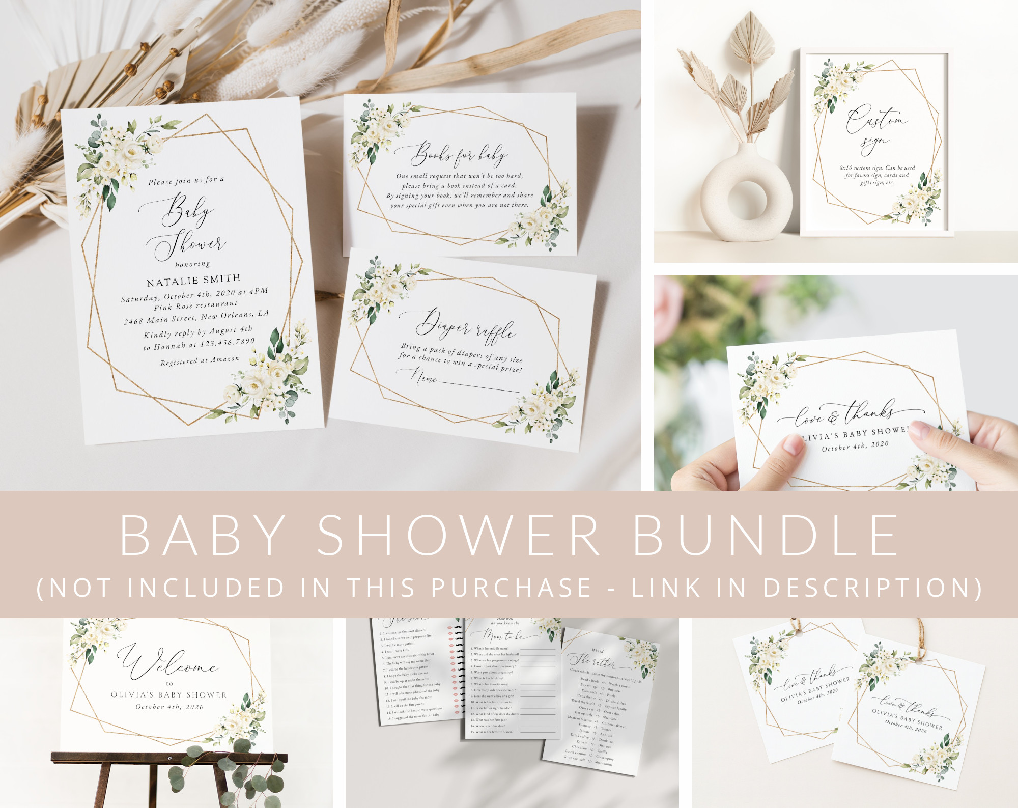 White Flowers Baby Shower Mini Bundle, Girl Baby Shower, Printable File, Edit Yourself, SH207