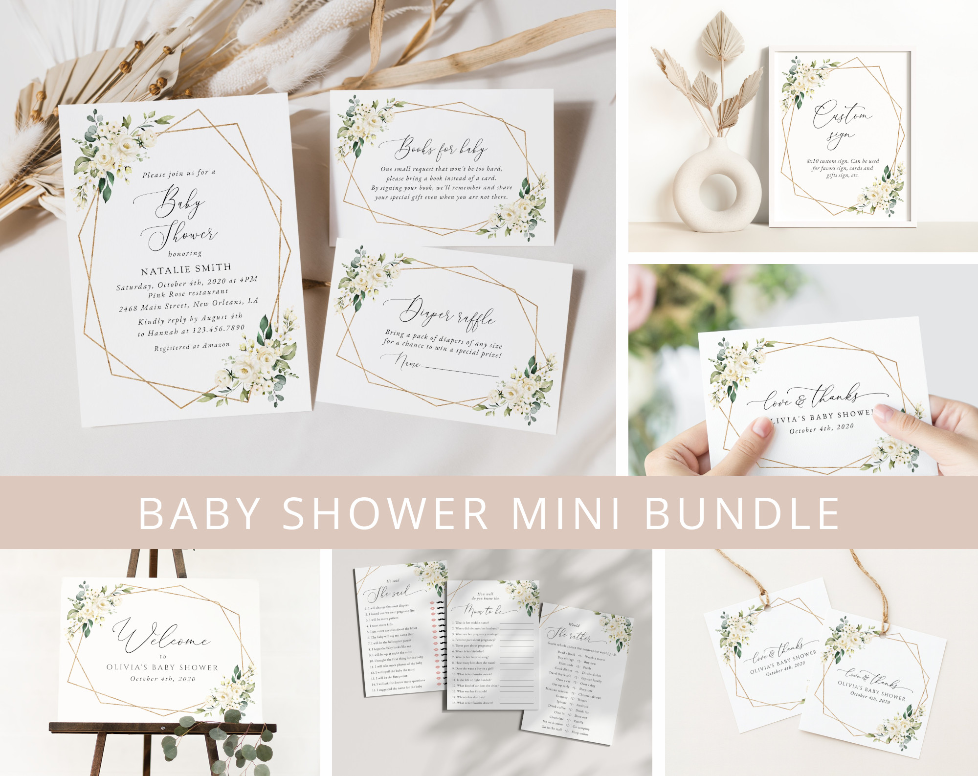White Flowers Baby Shower Mini Bundle, Girl Baby Shower, Printable File, Edit Yourself, SH207
