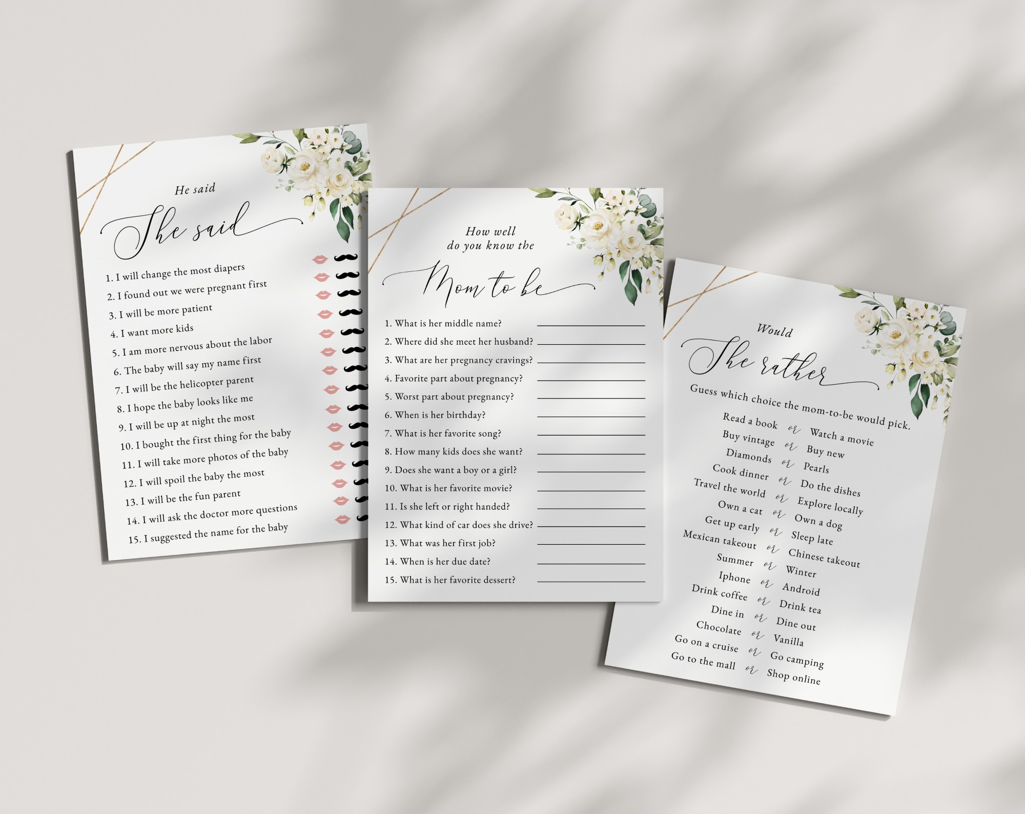White Flowers Baby Shower Games, Set of 3 Games, Girl Baby Shower, Printable File, Edit Yourself, SH207 SH208