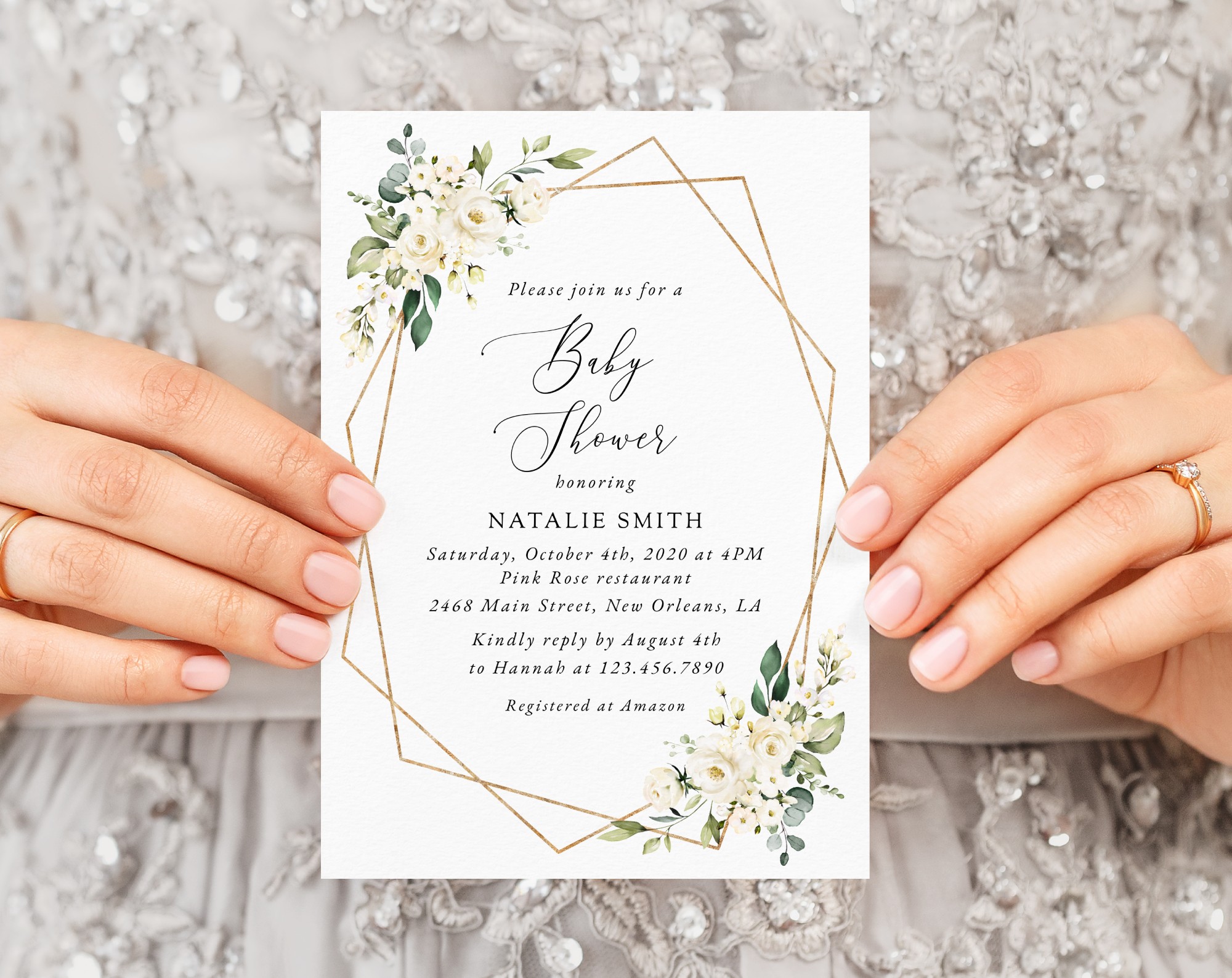 White Flowers Baby Shower Invitation, Girl Baby Shower, Printable File, Edit Yourself, SH207