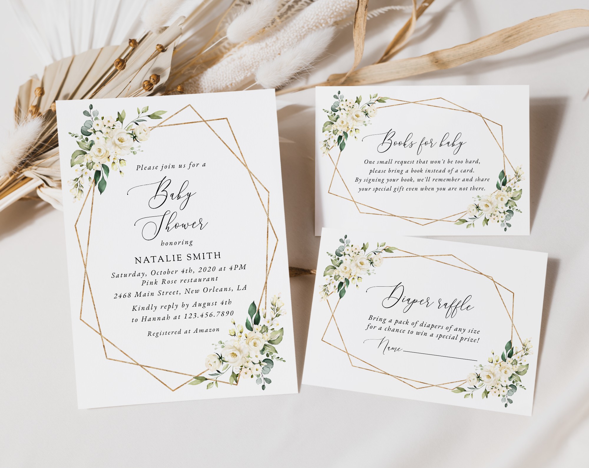 White Flowers Baby Shower Invitation Suite, Girl Baby Shower, Printable File, Edit Yourself, SH207