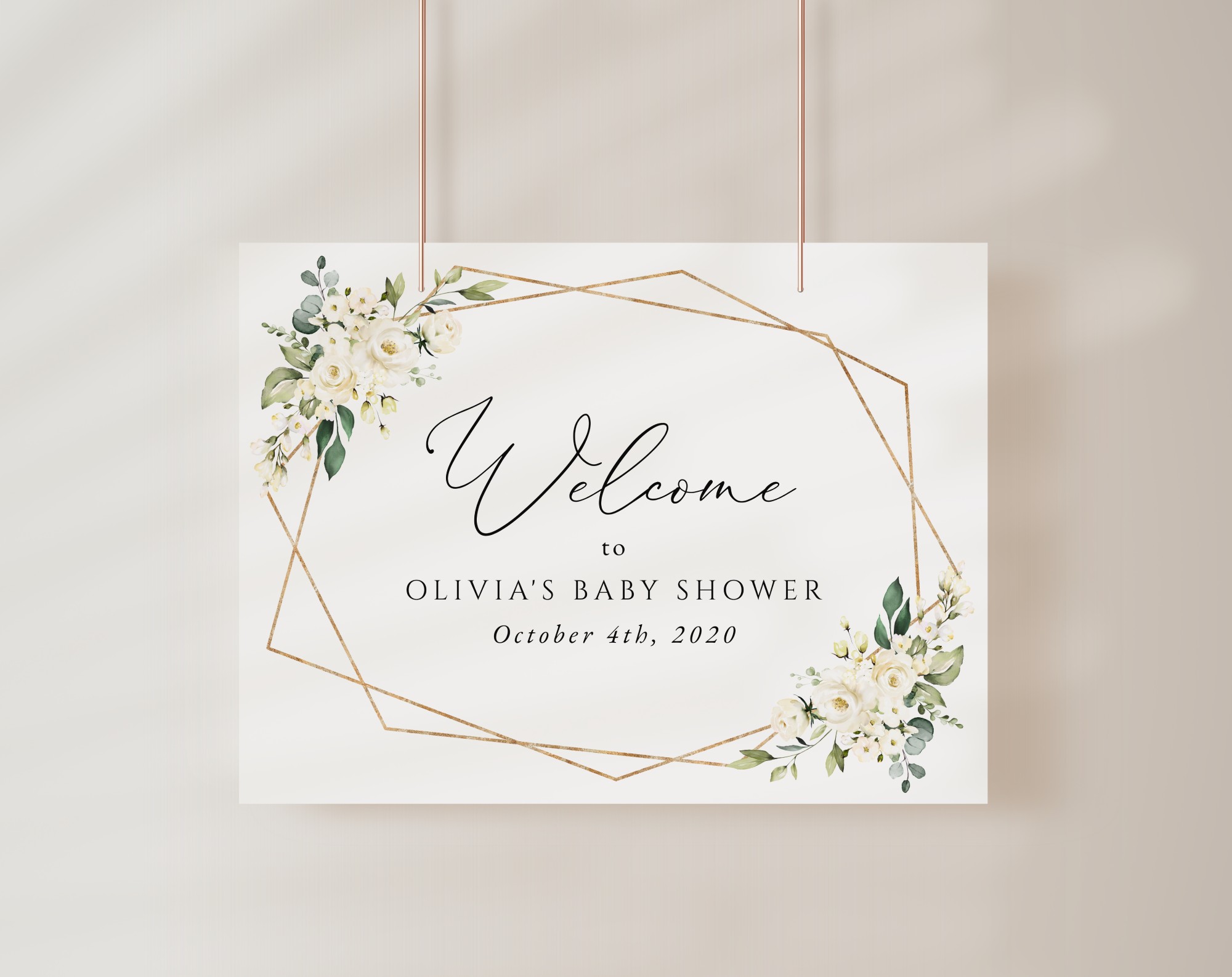 White Flowers Welcome Sign, Baby Shower Sign, Girl Baby Shower, Printable File, Edit Yourself, SH207