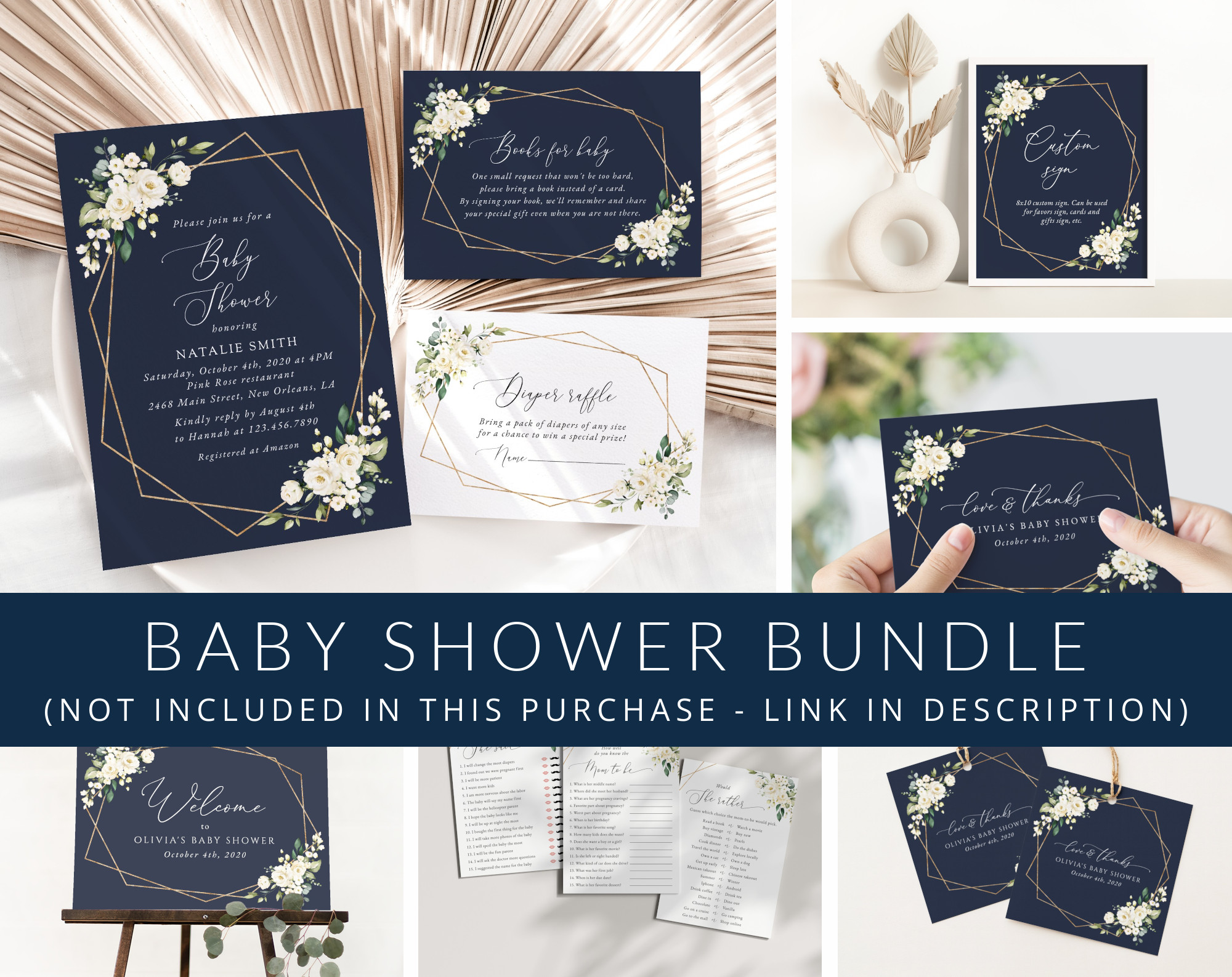 Navy and White Flowers Baby Shower Mini Bundle, Girl Baby Shower, Printable File, Edit Yourself, SH208
