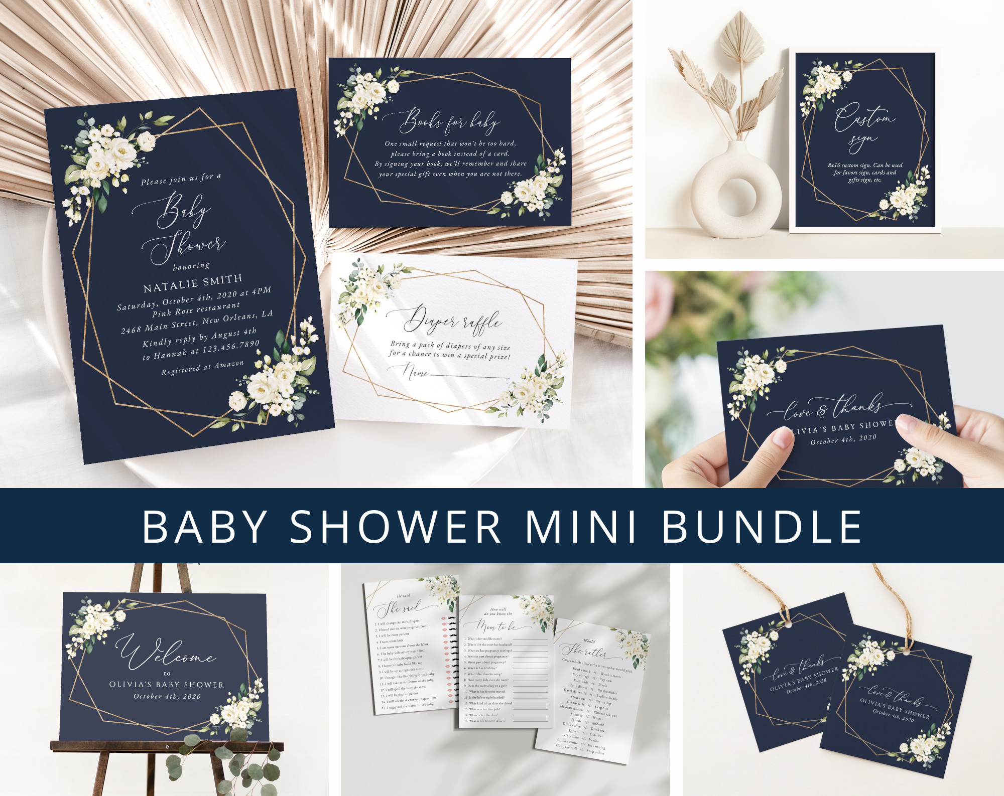 Navy and White Flowers Baby Shower Mini Bundle, Girl Baby Shower, Printable File, Edit Yourself, SH208 Navy and White Flowers Baby Shower Mini Bundle, Girl Baby Shower, Printable File, Edit Yourself, SH208