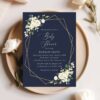 Navy and White Flowers Baby Shower Invitation, Girl Baby Shower, Printable File, Edit Yourself, SH208