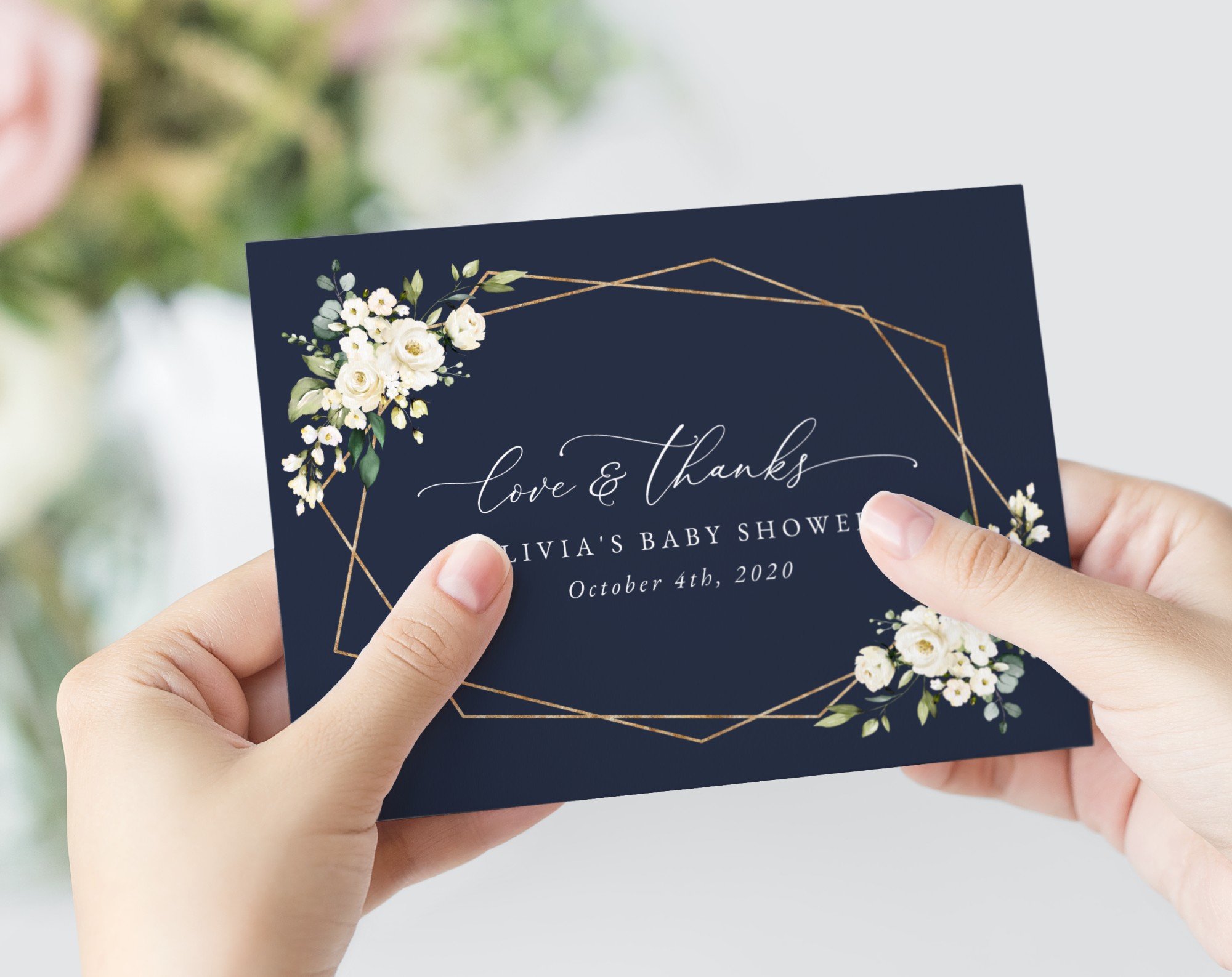 Navy and White Flowers Thank You Card, Girl Baby Shower, Printable File, Edit Yourself, SH208