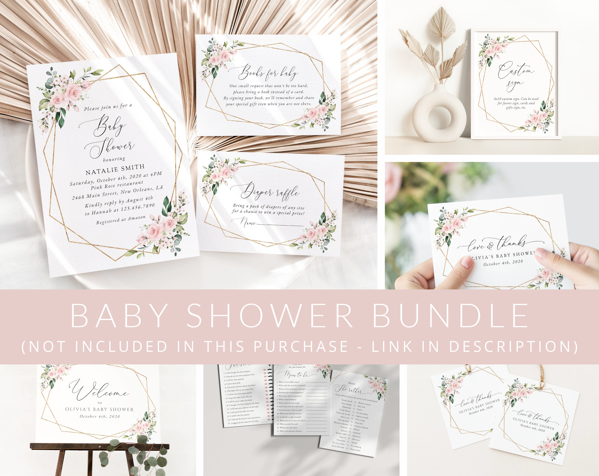 Pink Flowers Baby Shower Mini Bundle, Girl Baby Shower, Printable File, Edit Yourself, SH209