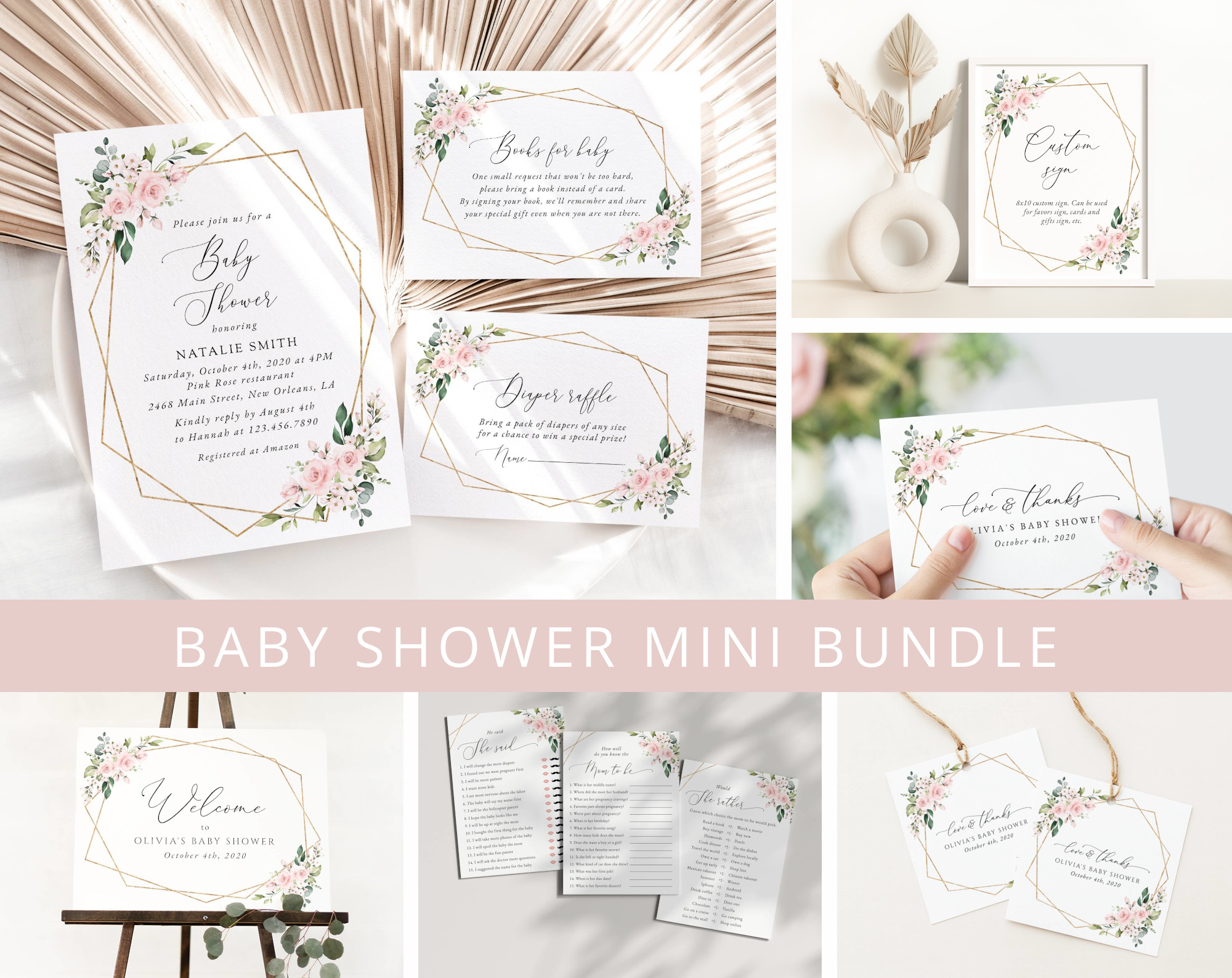 Pink Flowers Baby Shower Mini Bundle, Girl Baby Shower, Printable File, Edit Yourself, SH209