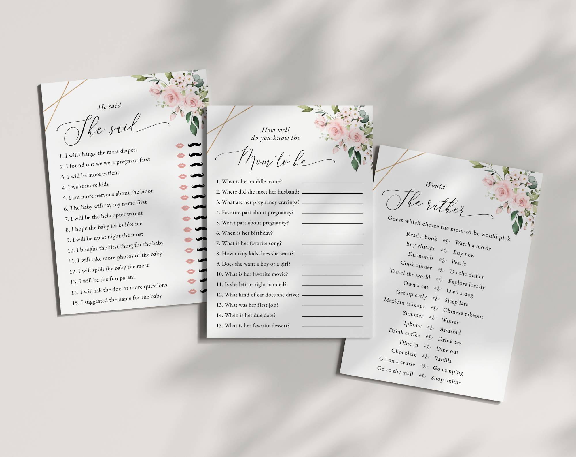 Pink Flowers Baby Shower Games, Set of 3 Games, Girl Baby Shower, Printable File, Edit Yourself, SH209 Pink Flowers Baby Shower Games, Set of 3 Games, Girl Baby Shower, Printable File, Edit Yourself, SH209
