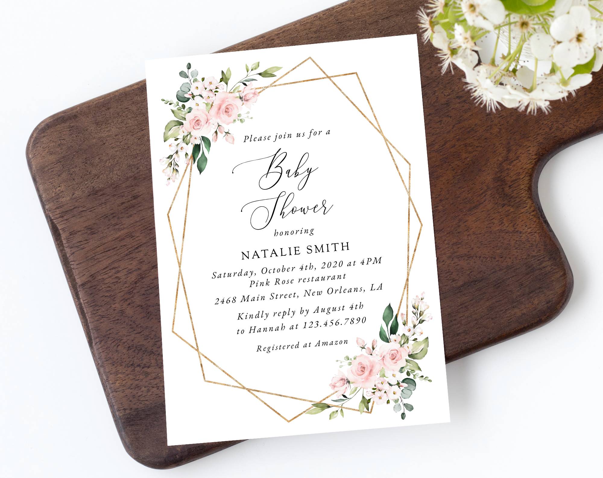 Pink Flowers Baby Shower Invitation, Girl Baby Shower, Printable File, Edit Yourself, SH209