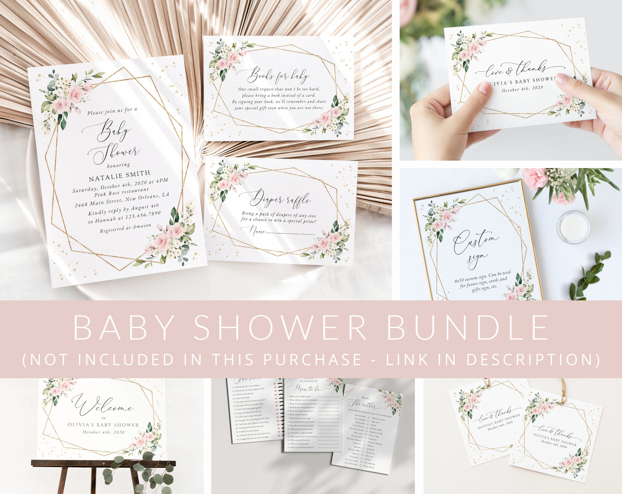 Pink Flowers and Gold Confetti Baby Shower Mini Bundle, Girl Baby Shower, Printable File, Edit Yourself, SH210