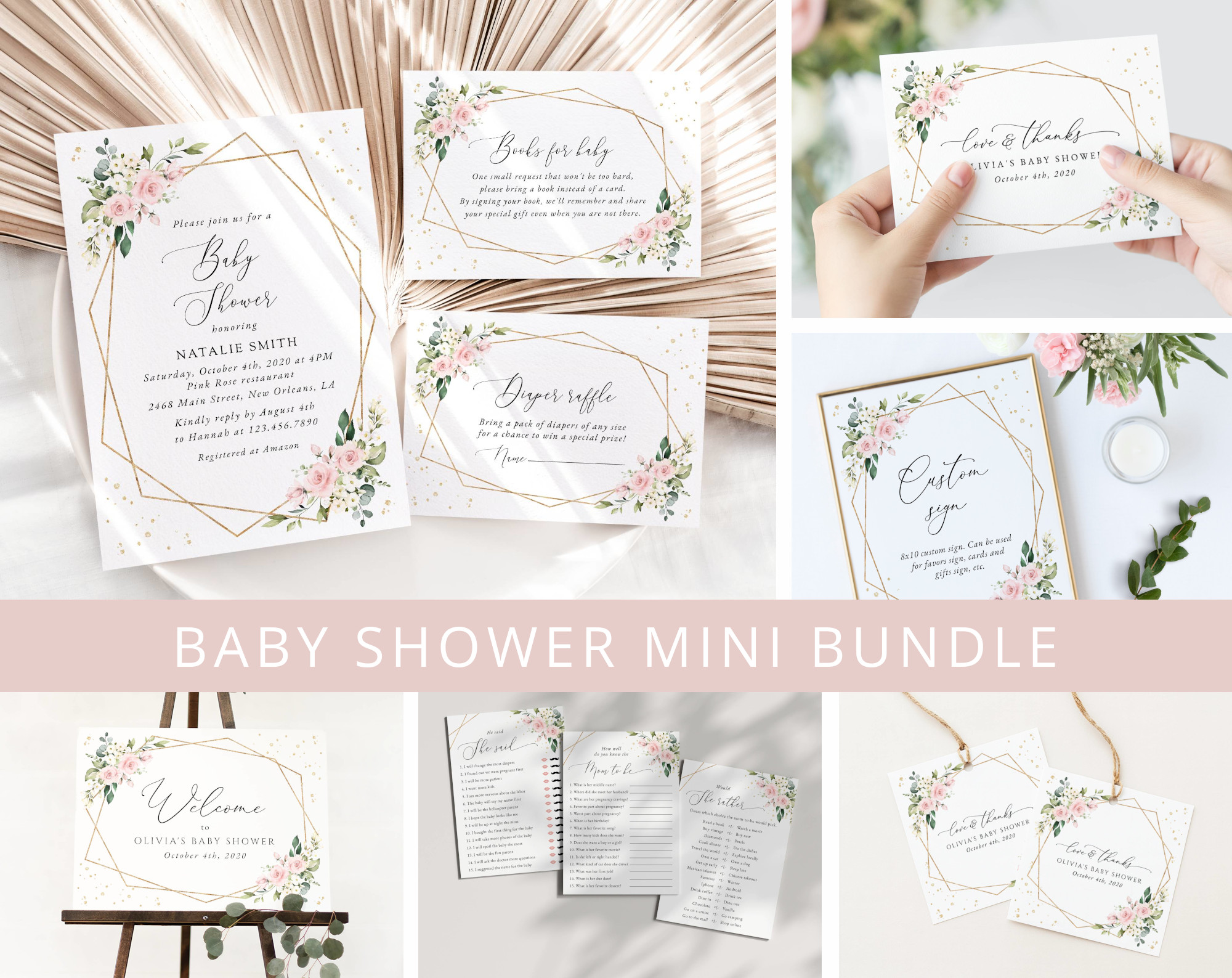 Pink Flowers and Gold Confetti Baby Shower Mini Bundle, Girl Baby Shower, Printable File, Edit Yourself, SH210