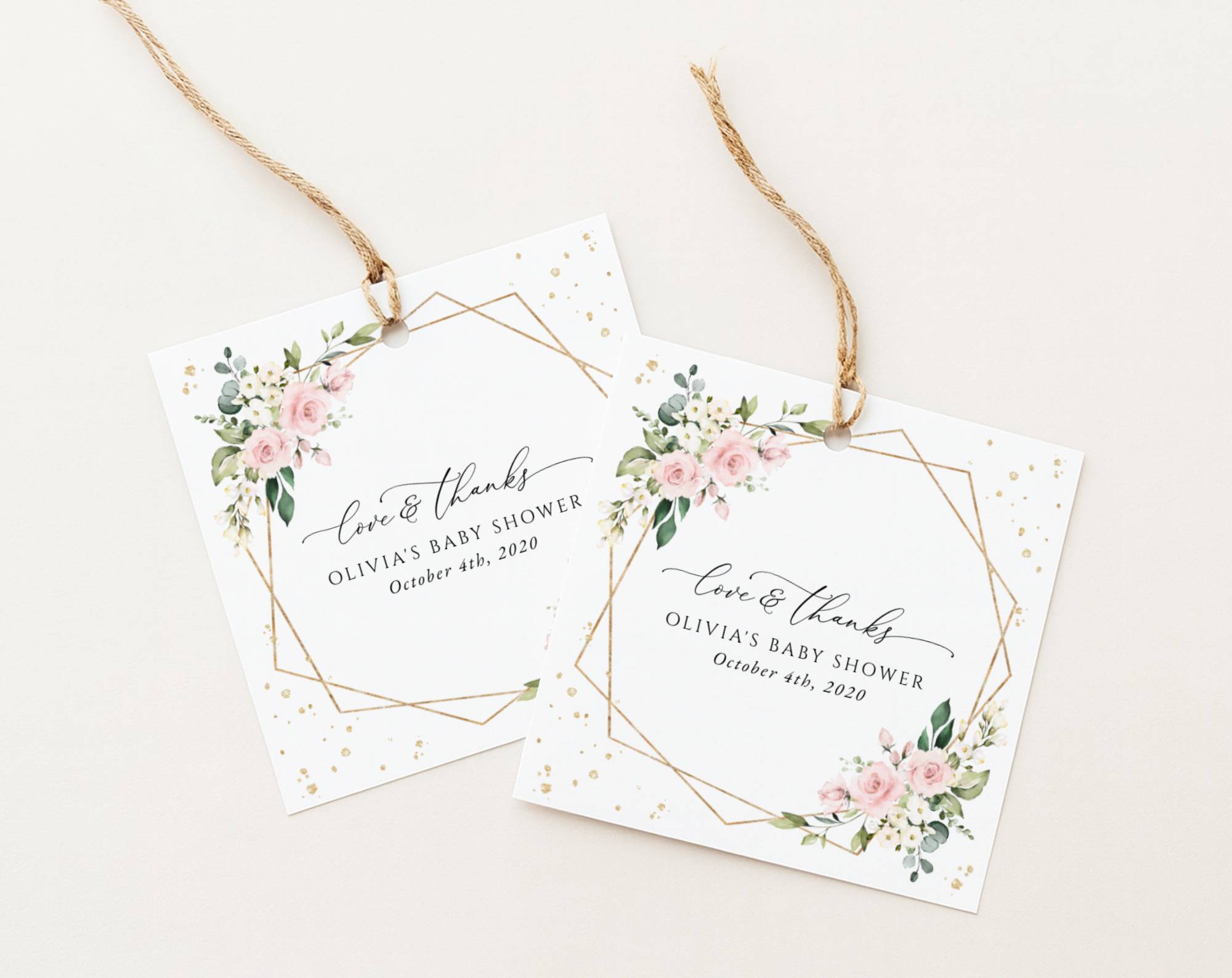 Pink Flowers and Gold Confetti Favor Tags, Gift Tags, Girl Baby Shower, Printable File, Edit Yourself, SH210