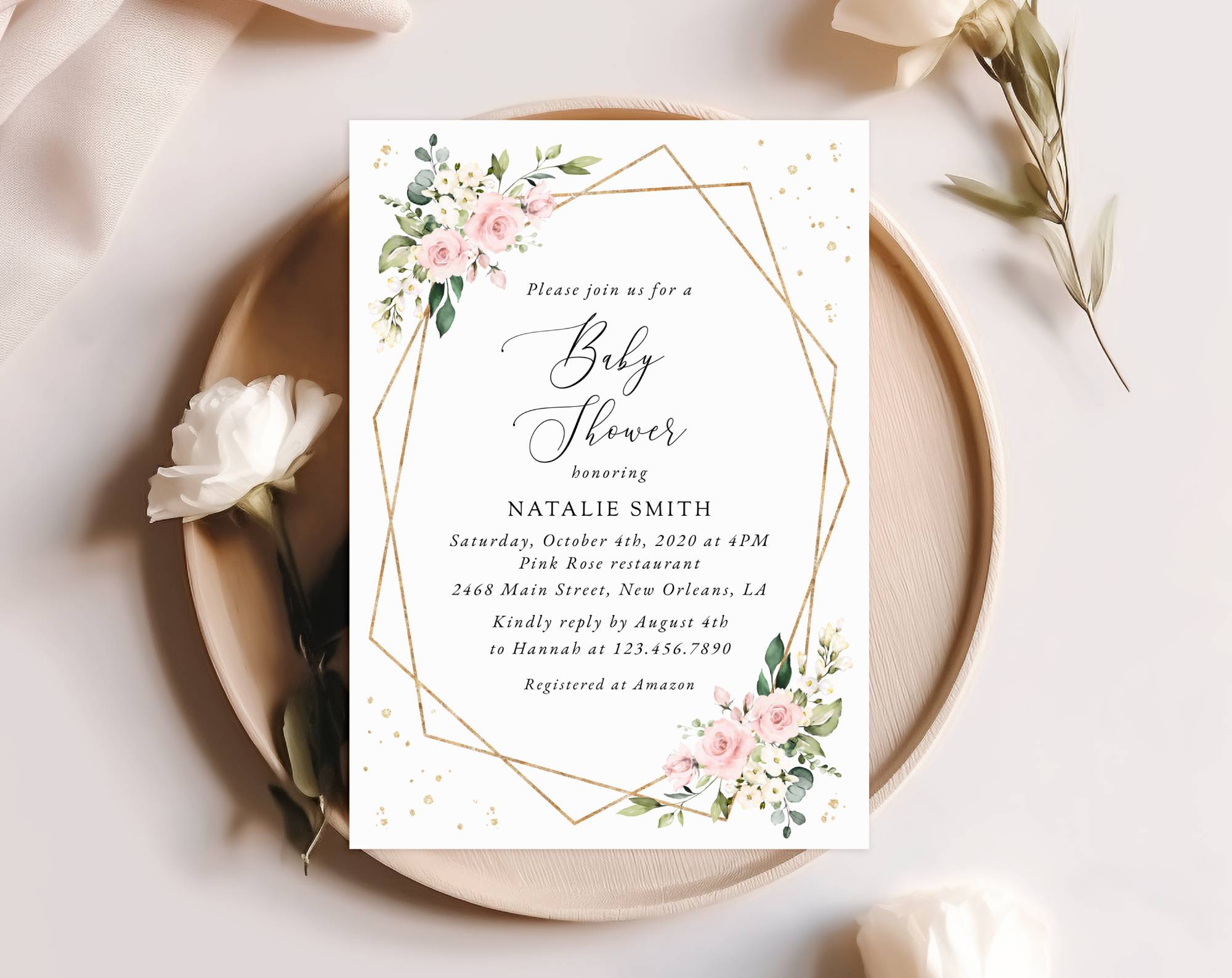 Pink Flowers and Gold Confetti Baby Shower Invitation, Girl Baby Shower, Printable File, Edit Yourself, SH210
