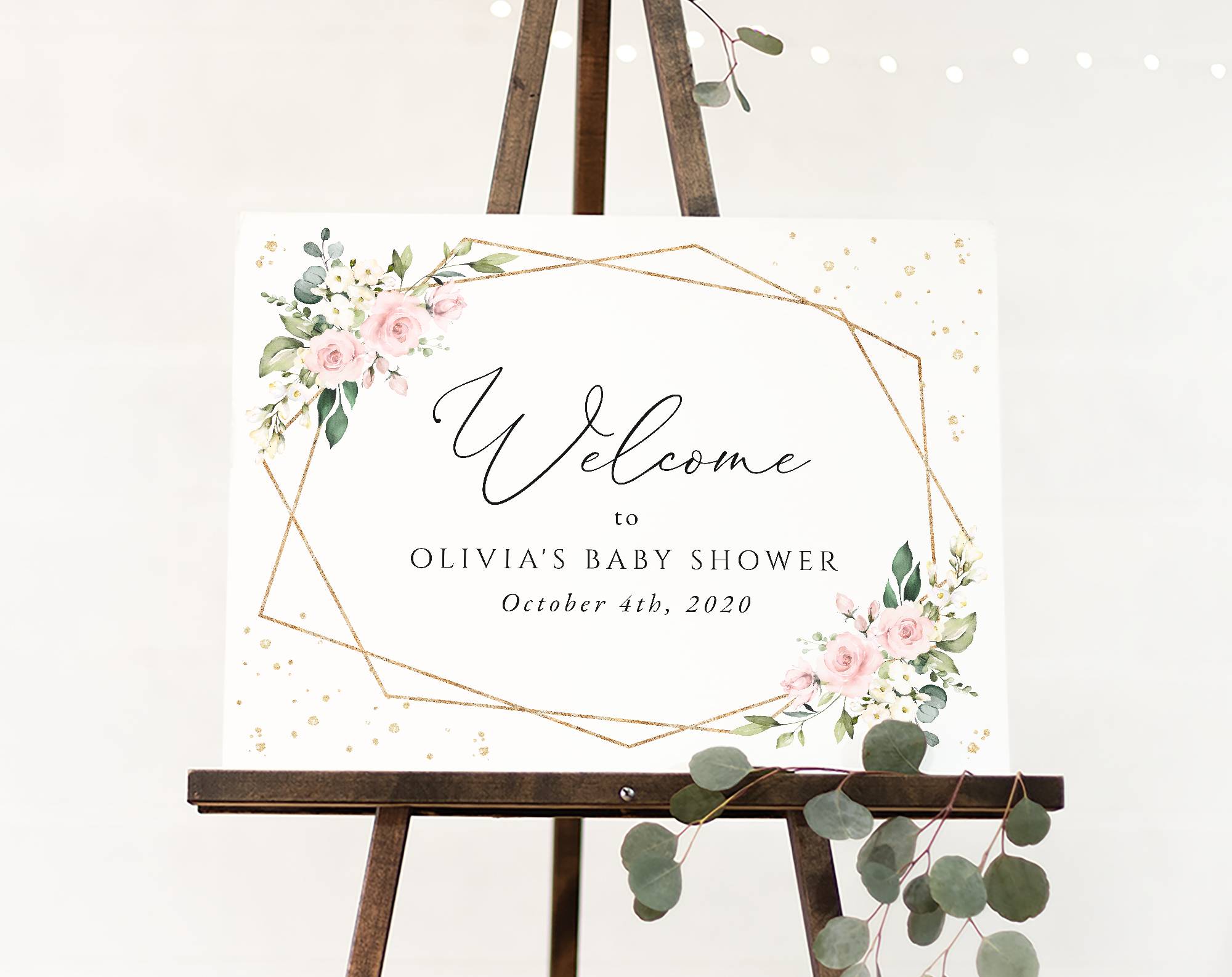 Pink Flowers and Gold Confetti Welcome Sign, Baby Shower Sign, Girl Baby Shower, Printable File, Edit Yourself, SH210