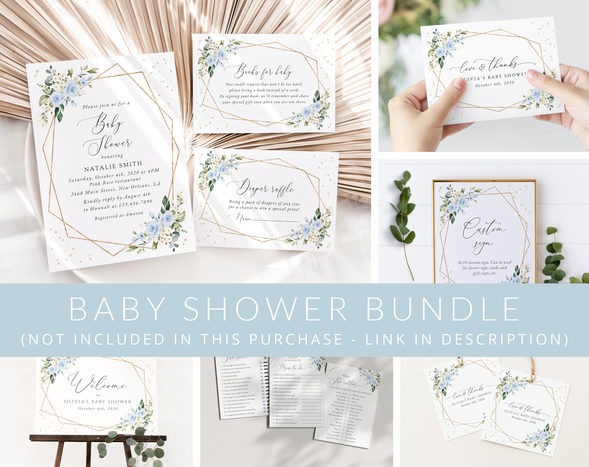 Blue Flowers and Gold Confetti Baby Shower Mini Bundle, Boy Baby Shower, Printable File, Edit Yourself, SH211 Blue Flowers and Gold Confetti Baby Shower Mini Bundle, Boy Baby Shower, Printable File, Edit Yourself, SH211