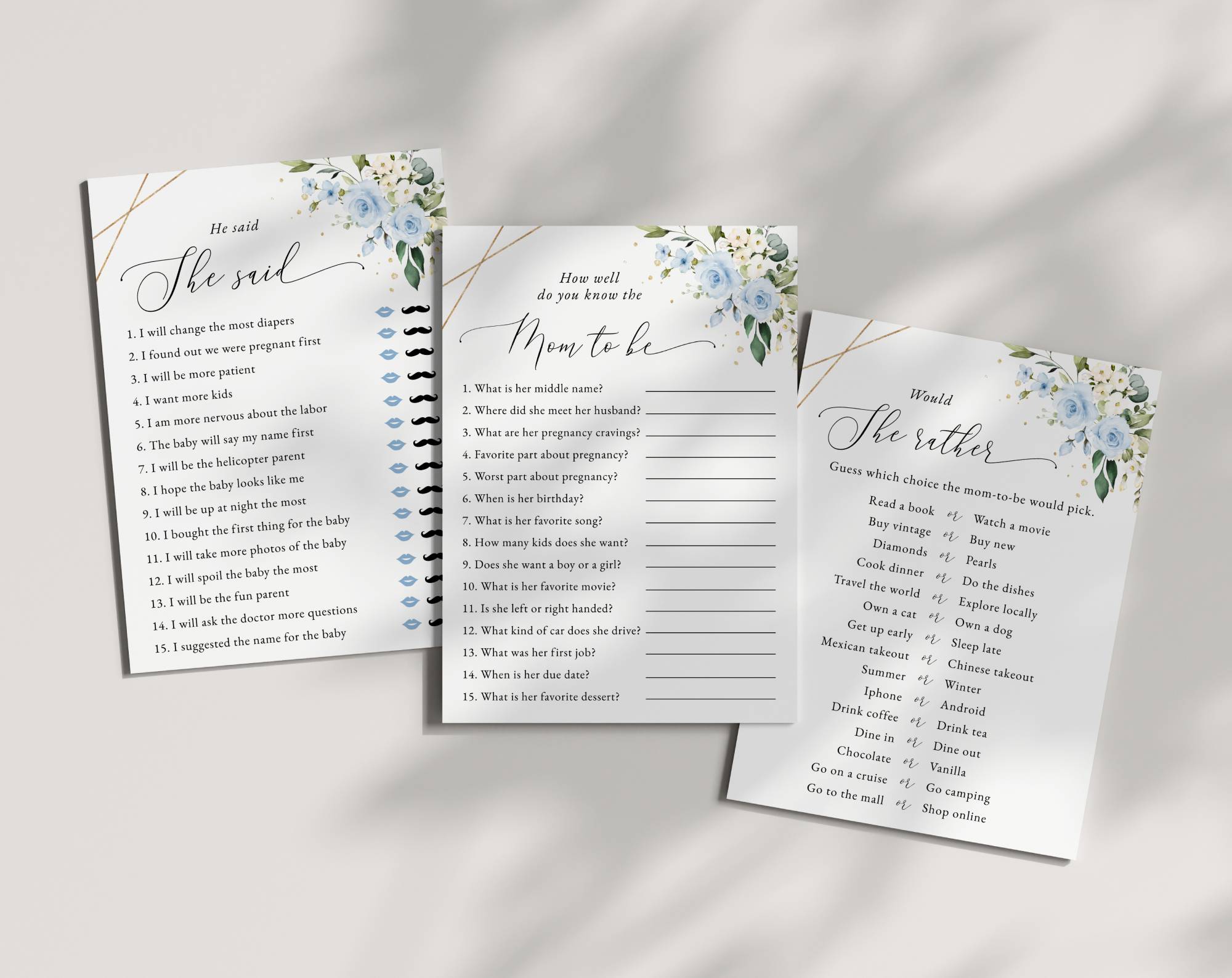 Blue Flowers and Gold Confetti Baby Shower Games, Set of 3 Games, Boy Baby Shower, Printable File, Edit Yourself, SH211 Blue Flowers and Gold Confetti Baby Shower Games, Set of 3 Games, Boy Baby Shower, Printable File, Edit Yourself, SH211
