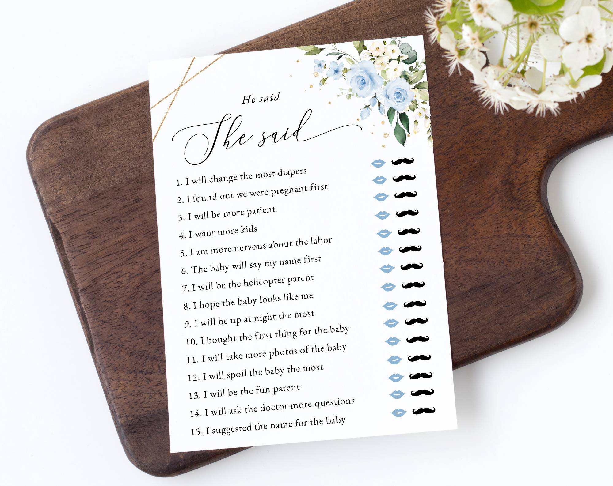 Blue Flowers and Gold Confetti Baby Shower Games, Set of 3 Games, Boy Baby Shower, Printable File, Edit Yourself, SH211