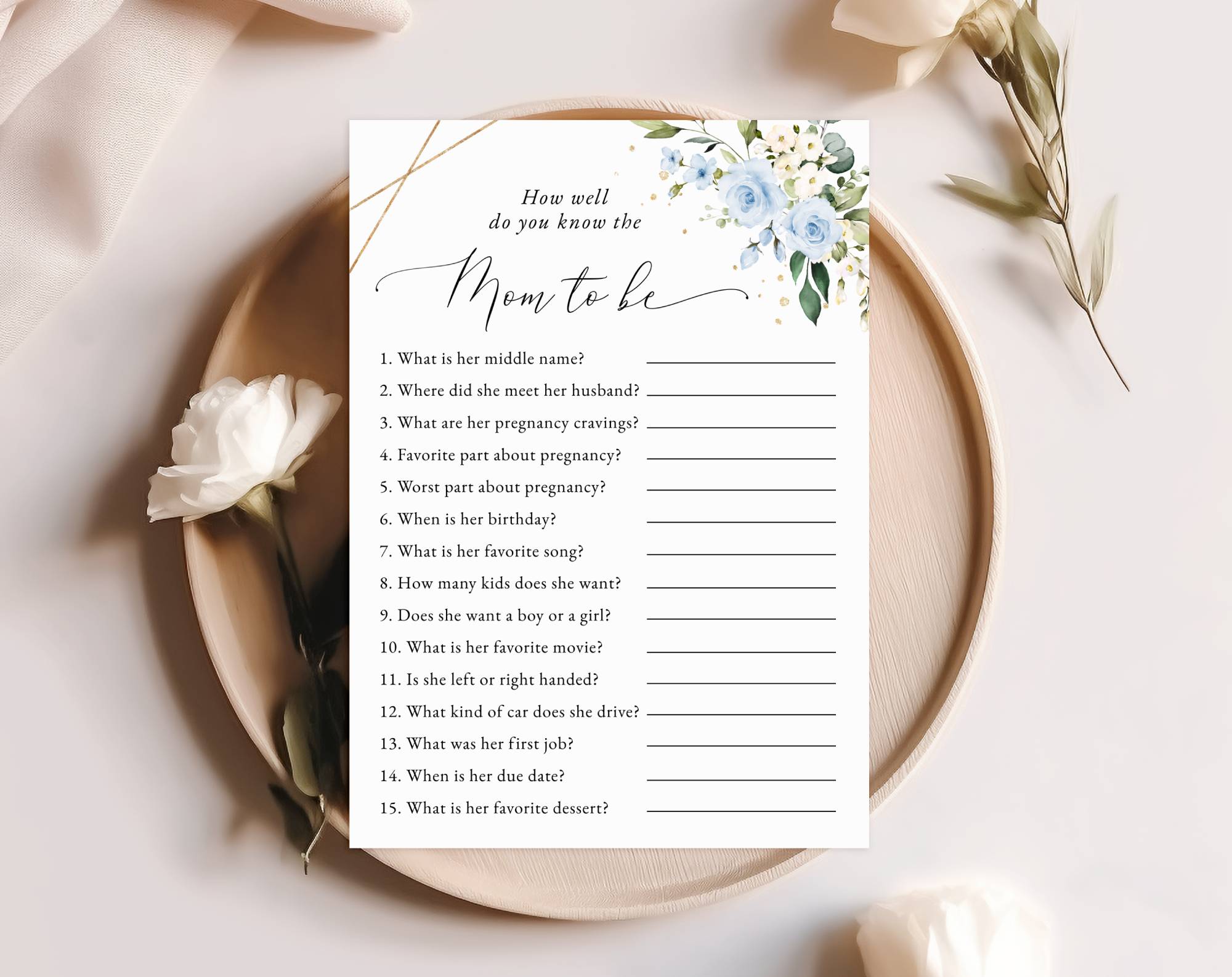 Blue Flowers and Gold Confetti Baby Shower Games, Set of 3 Games, Boy Baby Shower, Printable File, Edit Yourself, SH211