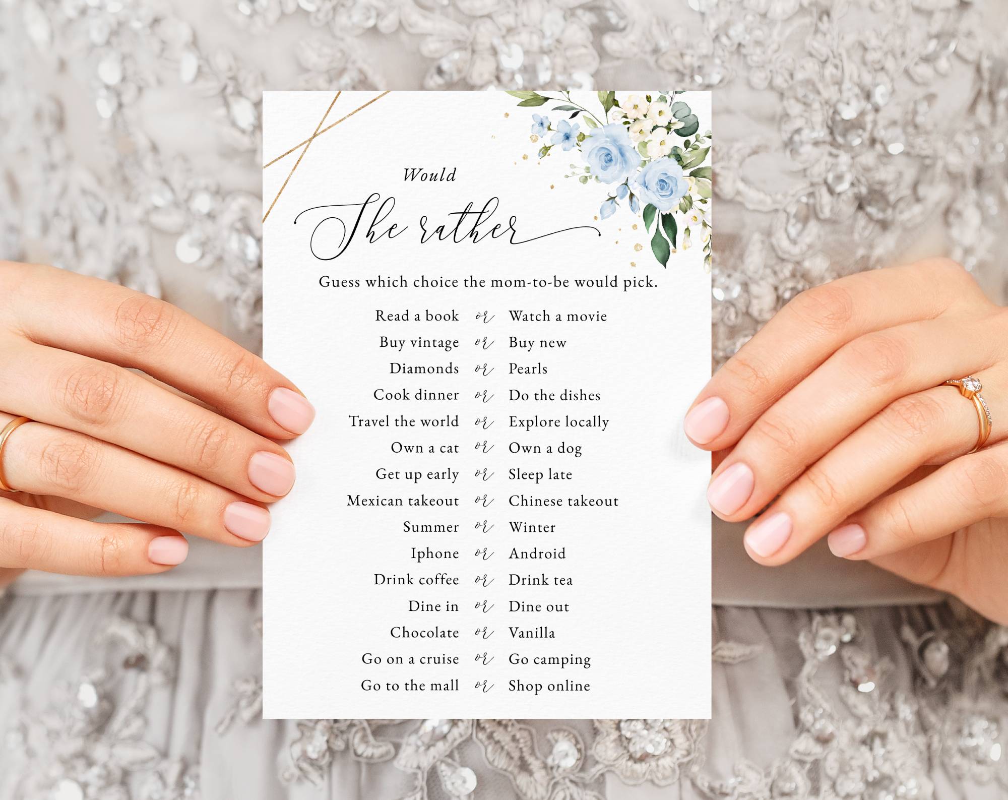 Blue Flowers and Gold Confetti Baby Shower Games, Set of 3 Games, Boy Baby Shower, Printable File, Edit Yourself, SH211