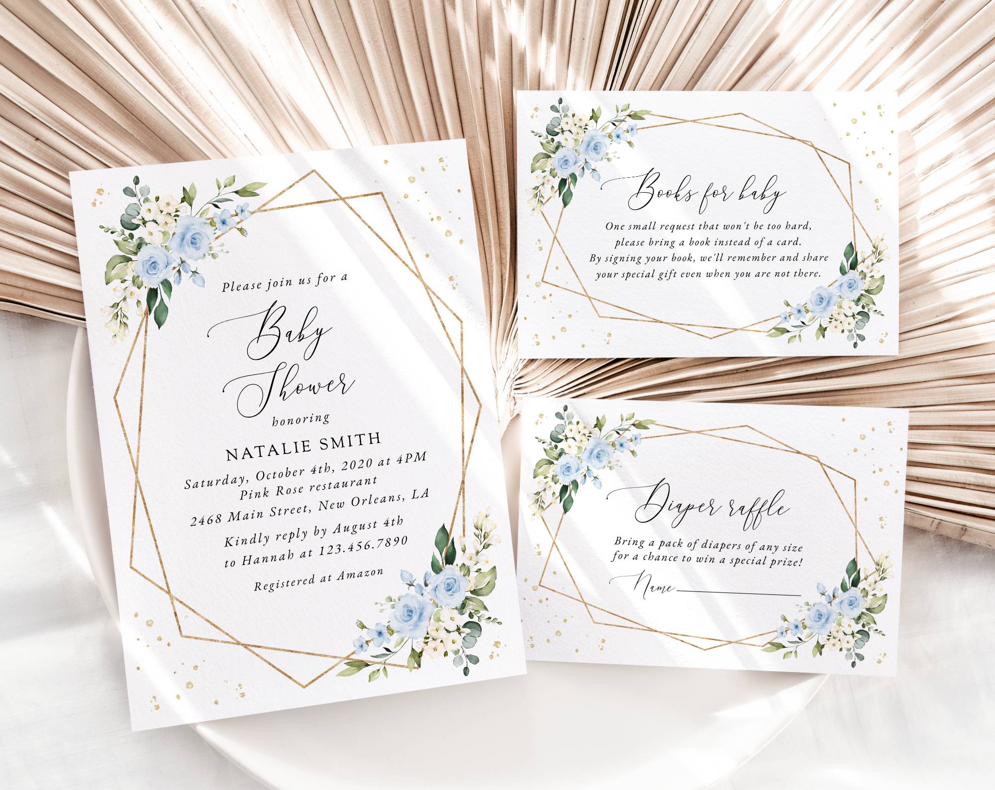 Blue Flowers and Gold Confetti Baby Shower Invitation Suite, Boy Baby Shower, Printable File, Edit Yourself, SH211