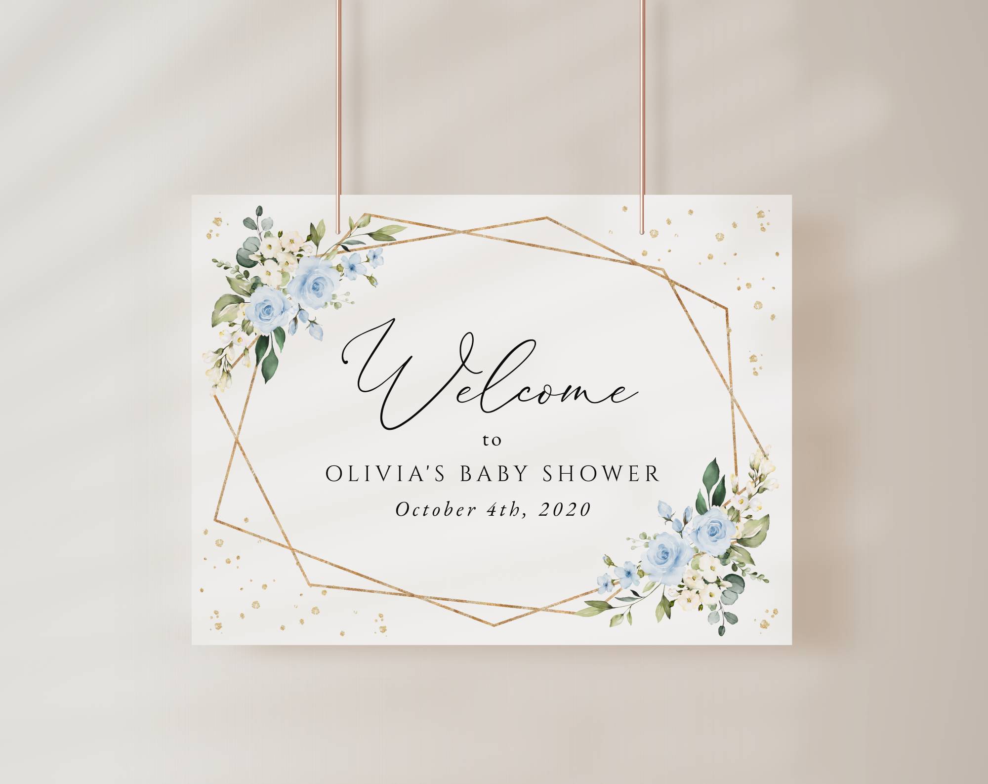 Blue Flowers and Gold Confetti Welcome Sign, Baby Shower Sign, Boy Baby Shower, Printable File, Edit Yourself, SH211