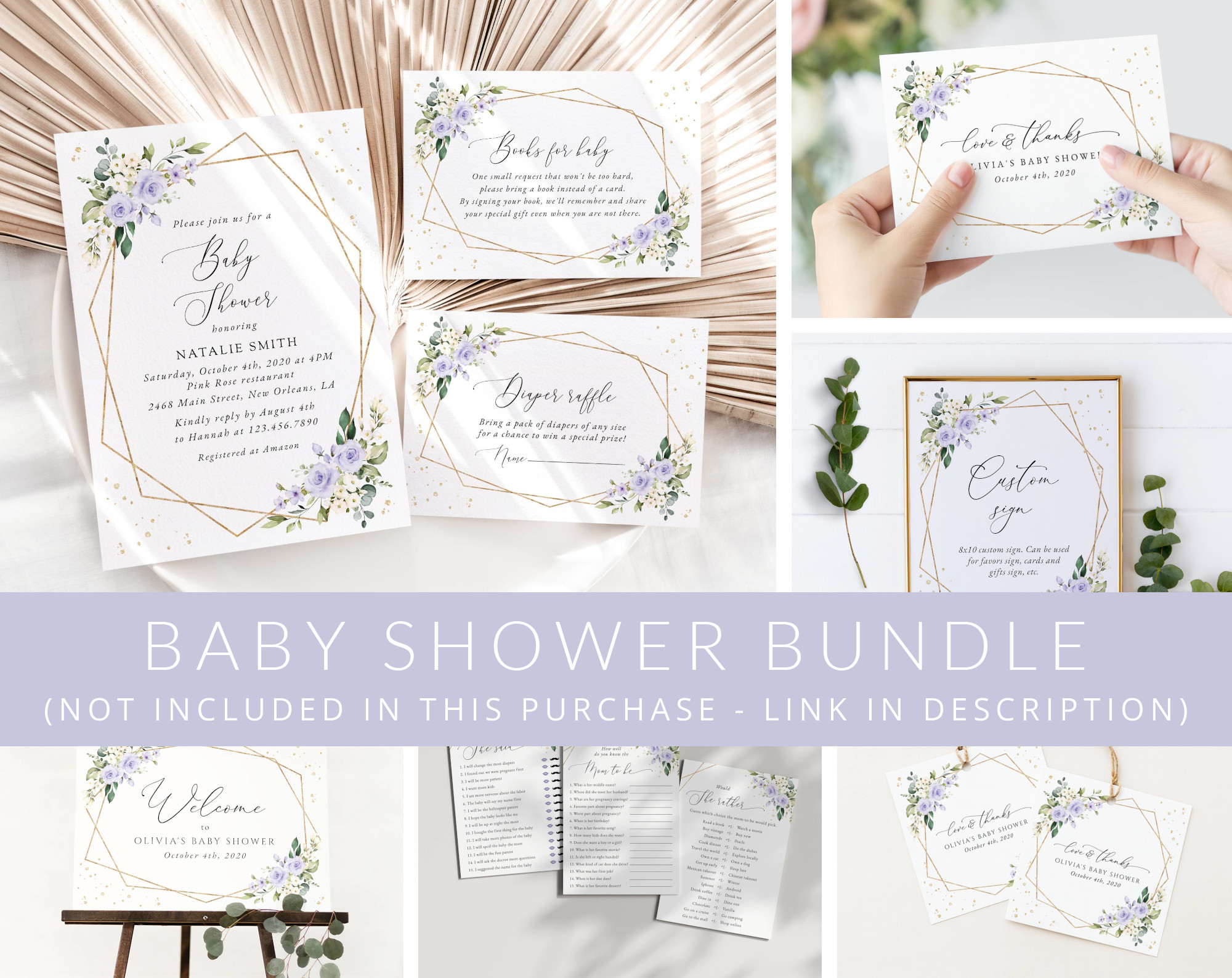 Purple Flowers and Gold Confetti Baby Shower Mini Bundle, Girl Baby Shower, Printable File, Edit Yourself, SH212