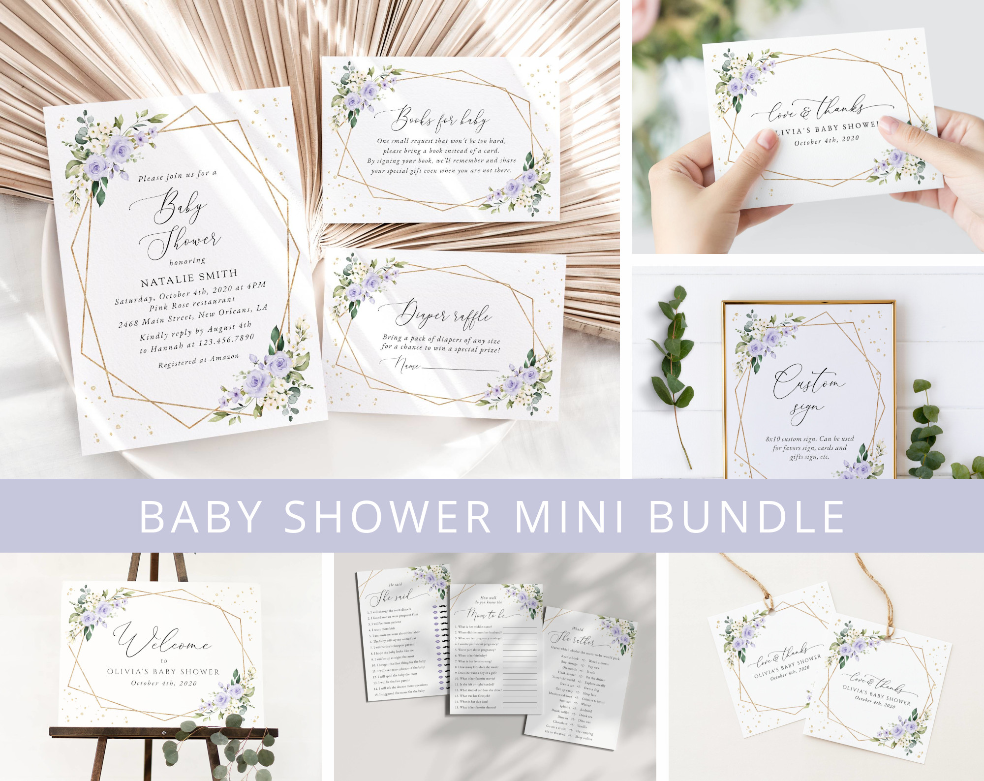 Purple Flowers and Gold Confetti Baby Shower Mini Bundle, Girl Baby Shower, Printable File, Edit Yourself, SH212 Purple Flowers and Gold Confetti Baby Shower Mini Bundle, Girl Baby Shower, Printable File, Edit Yourself, SH212