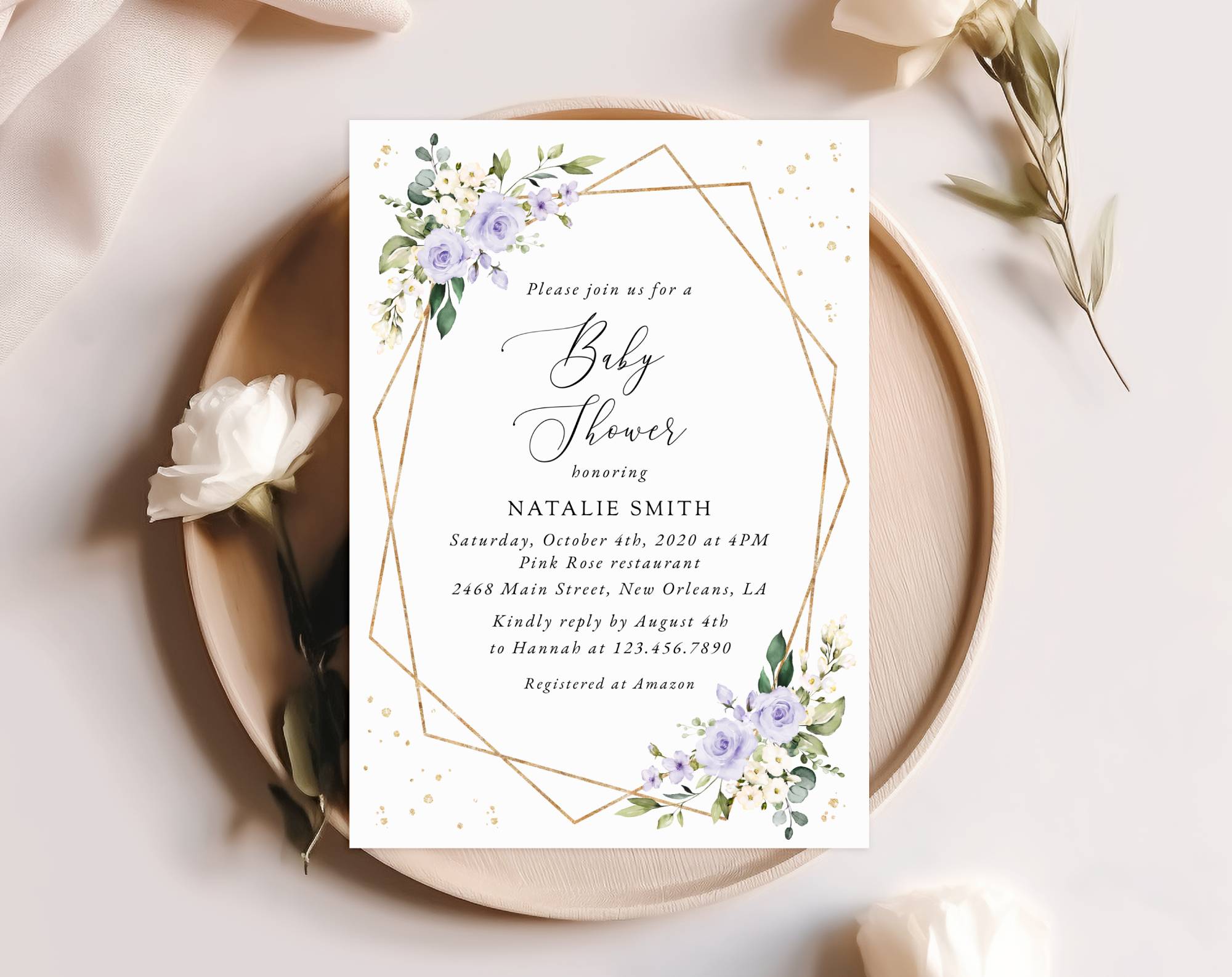 Purple Flowers and Gold Confetti Baby Shower Invitation, Girl Baby Shower, Printable File, Edit Yourself, SH212
