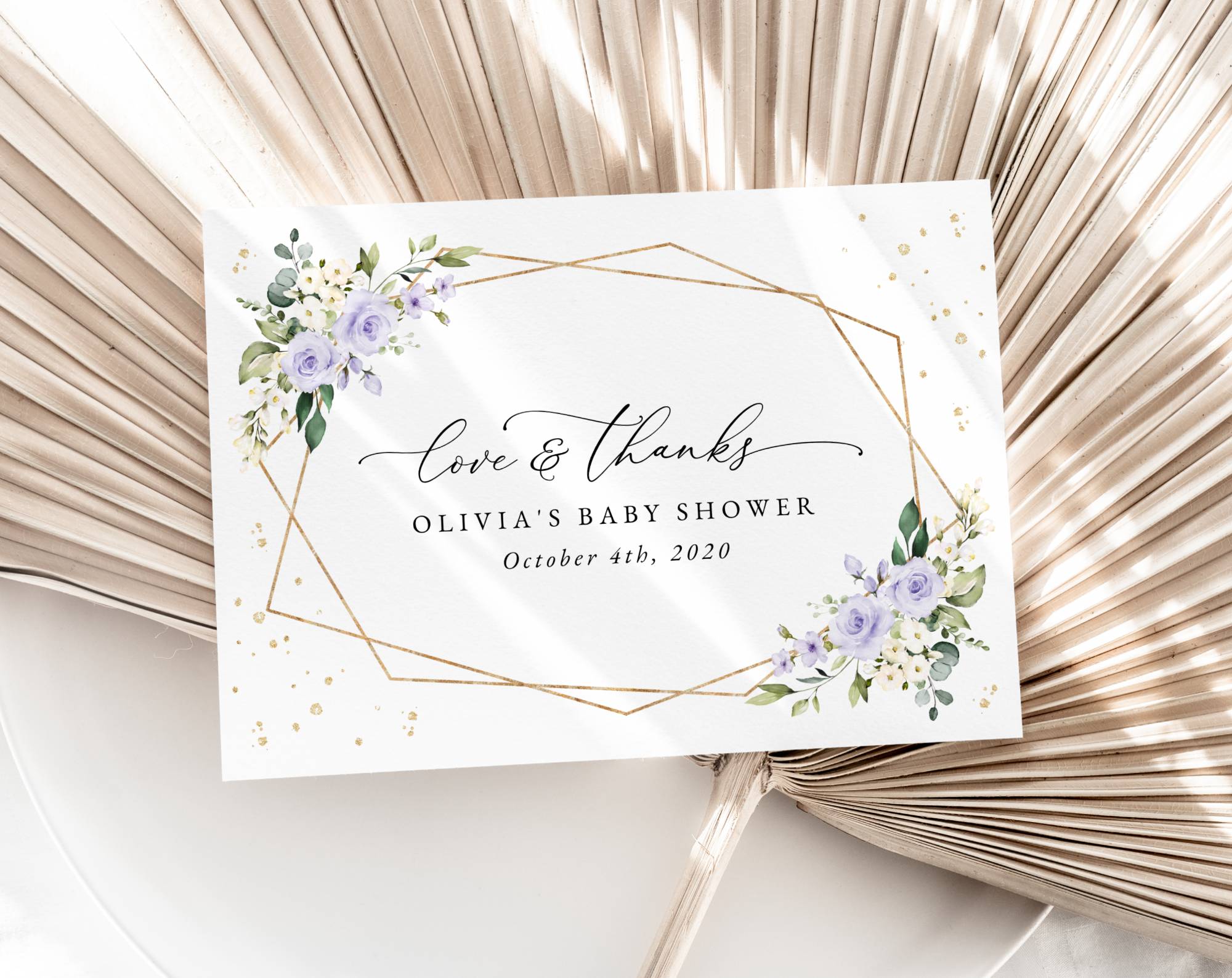 Purple Flowers and Gold Confetti Thank You Card, Girl Baby Shower, Printable File, Edit Yourself, SH212