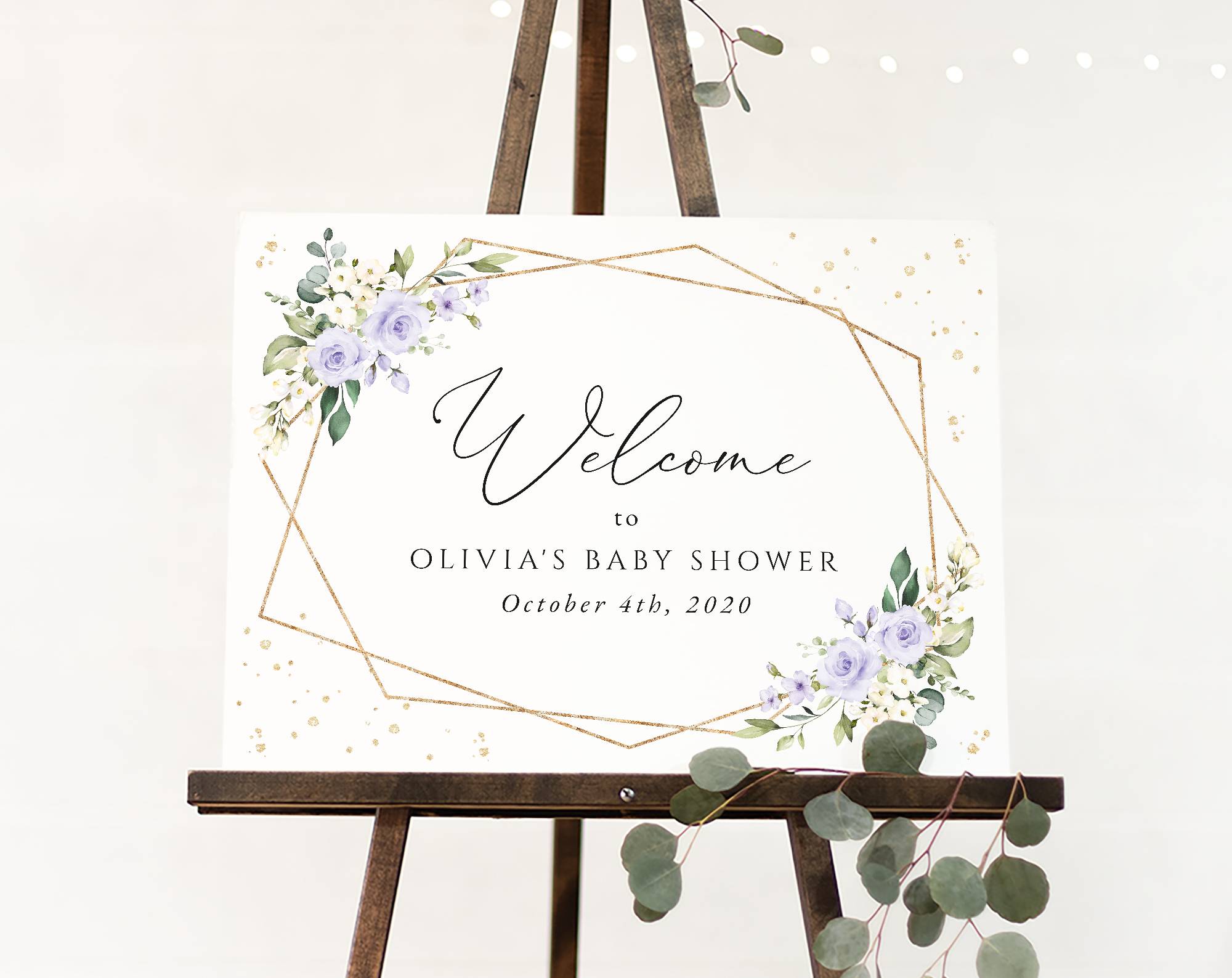 Purple Flowers and Gold Confetti Welcome Sign, Baby Shower Sign, Girl Baby Shower, Printable File, Edit Yourself, SH212