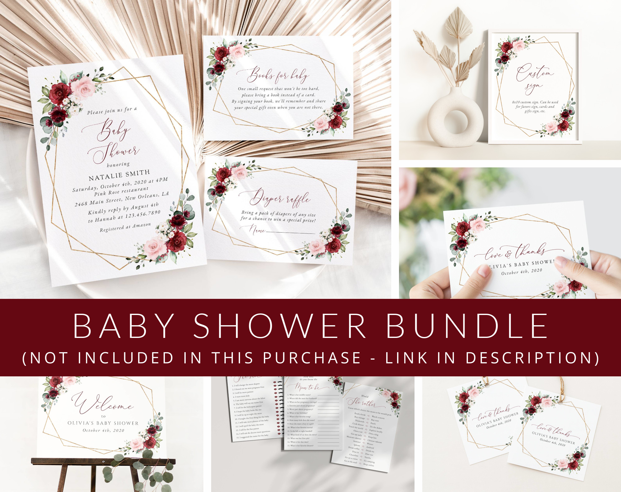 Burgundy and Pink Flowers Baby Shower Mini Bundle, Girl Baby Shower, Printable File, Edit Yourself, SH213 Burgundy and Pink Flowers Baby Shower Mini Bundle, Girl Baby Shower, Printable File, Edit Yourself, SH213