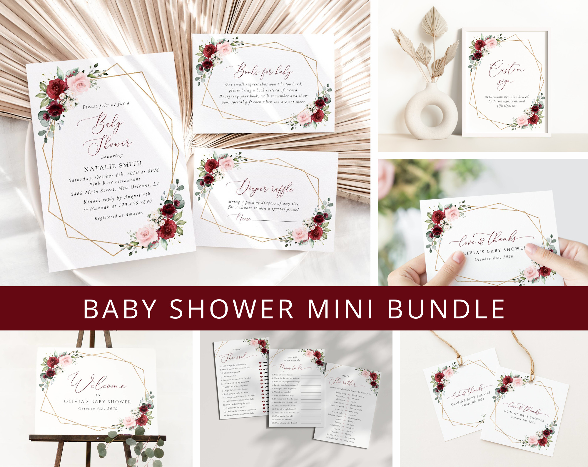 Burgundy and Pink Flowers Baby Shower Mini Bundle, Girl Baby Shower, Printable File, Edit Yourself, SH213 Burgundy and Pink Flowers Baby Shower Mini Bundle, Girl Baby Shower, Printable File, Edit Yourself, SH213