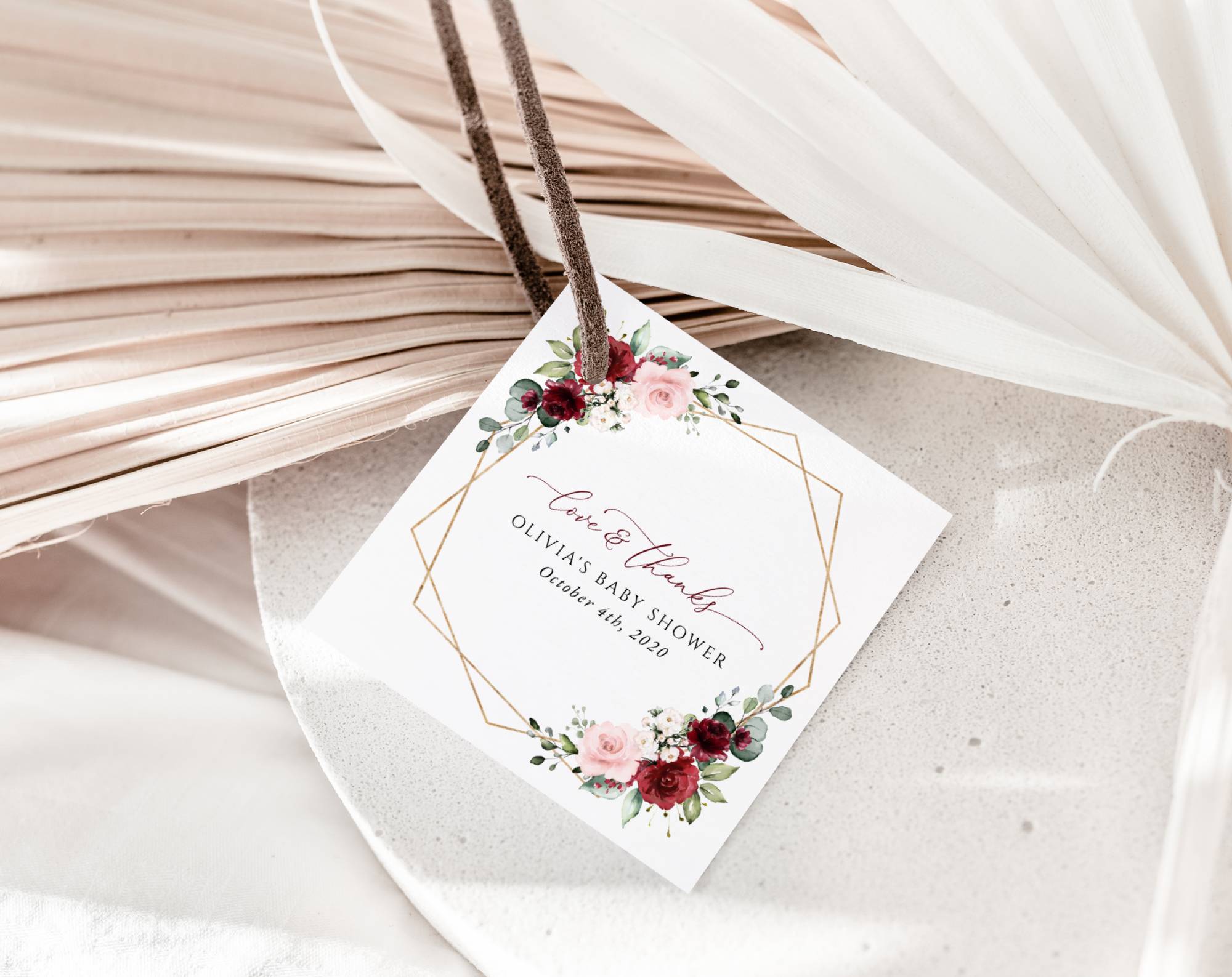 Burgundy and Pink Flowers Favor Tags, Gift Tags, Girl Baby Shower, Printable File, Edit Yourself, SH213