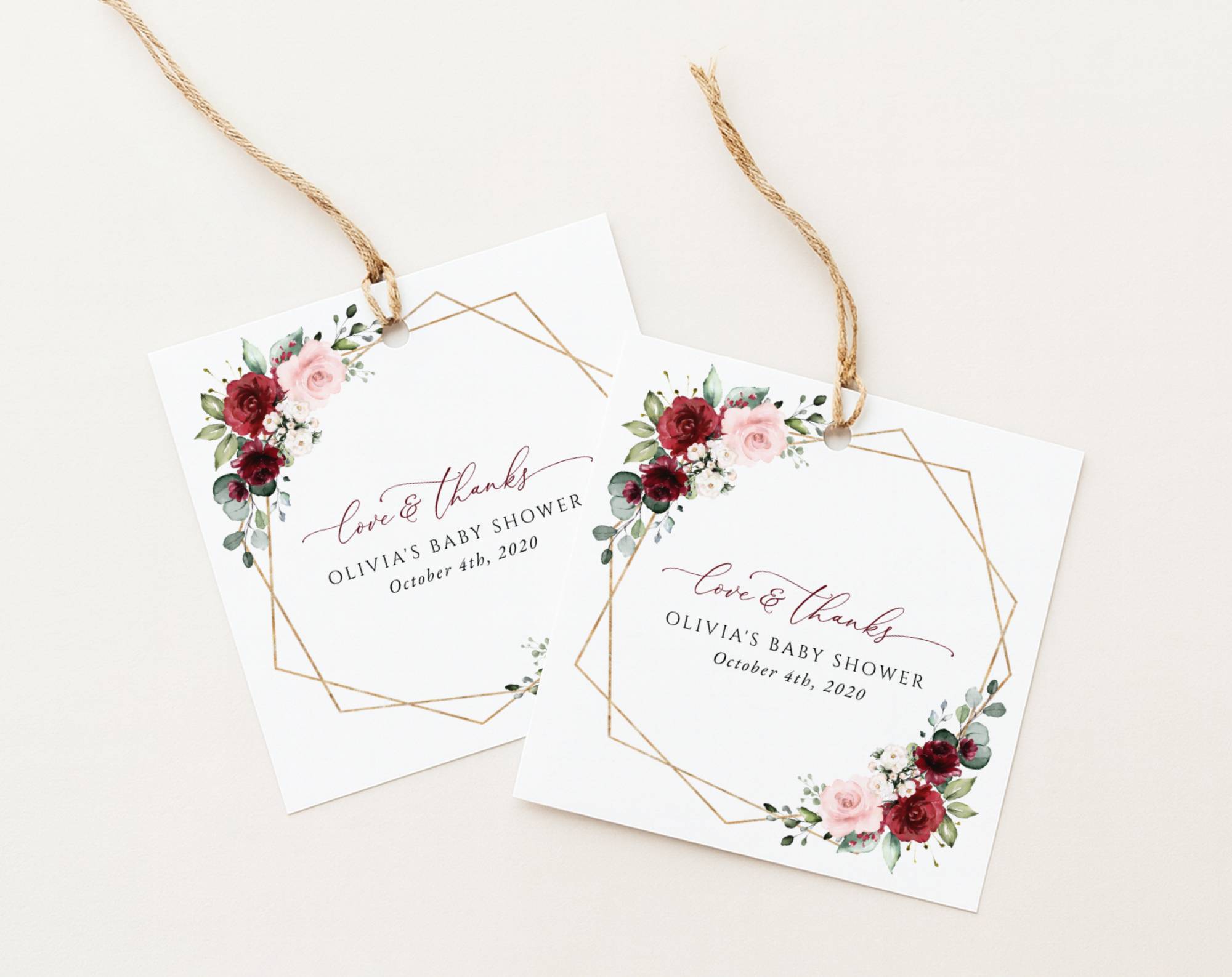 SH213 Favor Tags 3 Burgundy and Pink Flowers Favor Tags, Gift Tags, Girl Baby Shower, Printable File, Edit Yourself, SH213