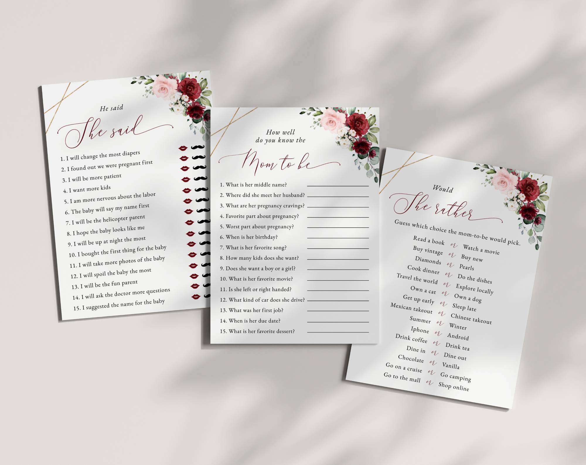 SH213 Games 1 Burgundy and Pink Flowers Baby Shower Games, Set of 3 Games, Girl Baby Shower, Printable File, Edit Yourself, SH213