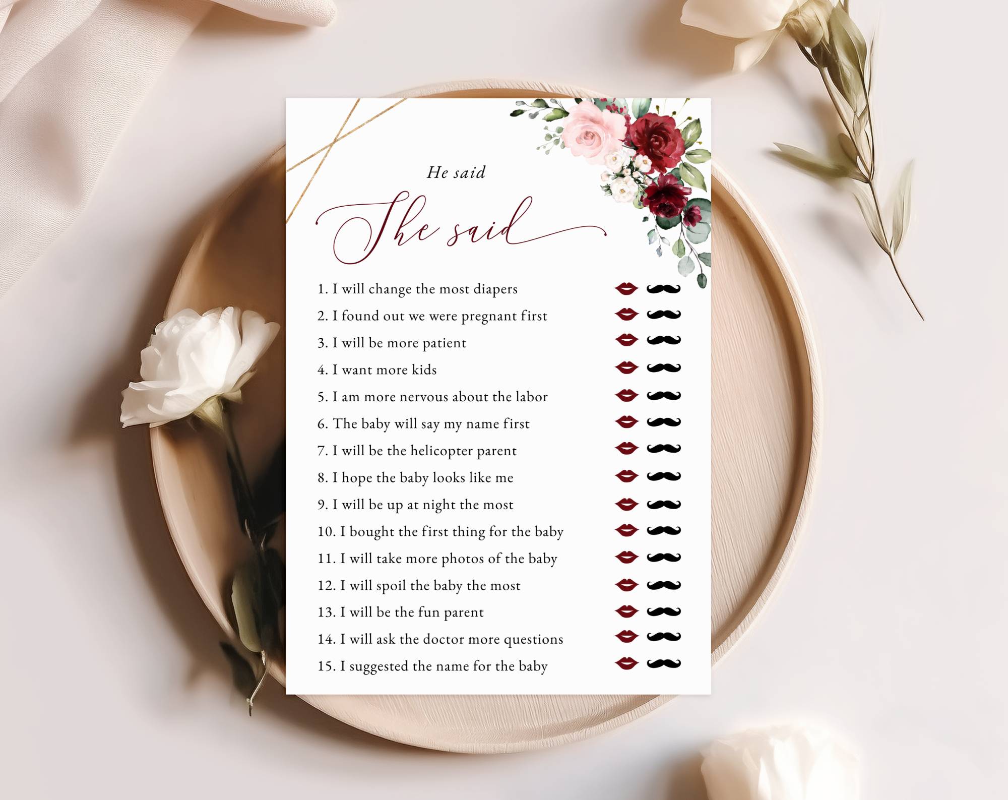 Burgundy and Pink Flowers Baby Shower Games, Set of 3 Games, Girl Baby Shower, Printable File, Edit Yourself, SH213