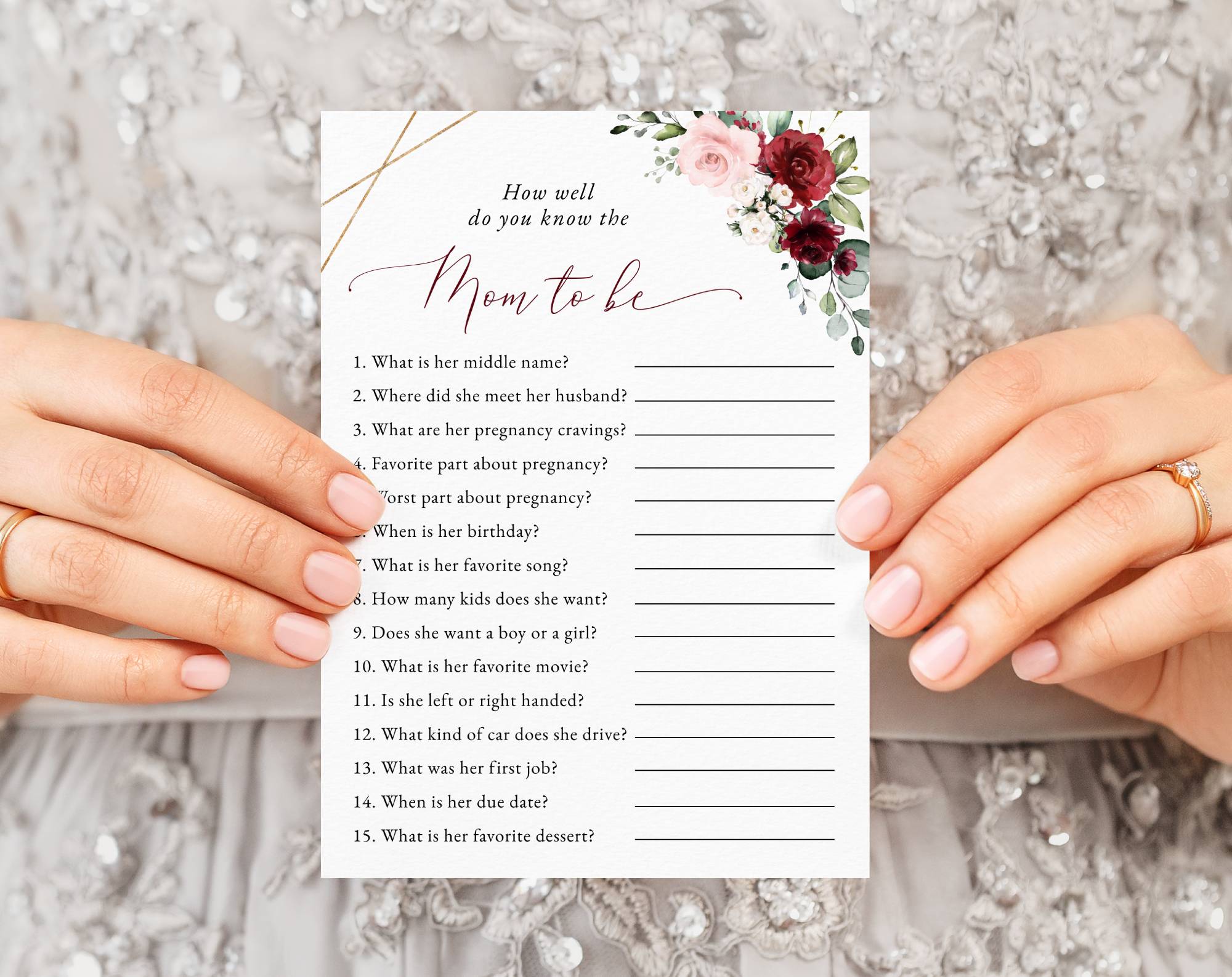 Burgundy and Pink Flowers Baby Shower Games, Set of 3 Games, Girl Baby Shower, Printable File, Edit Yourself, SH213