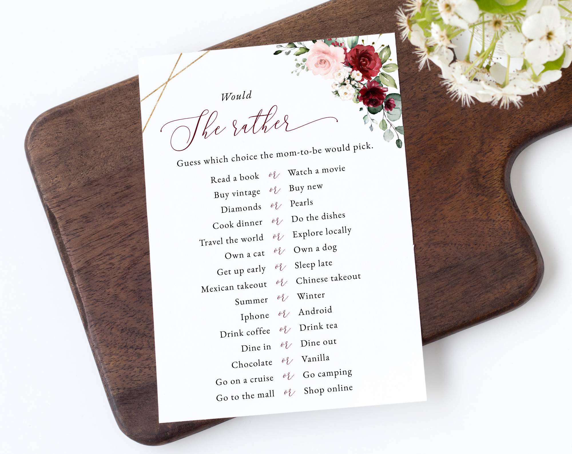 Burgundy and Pink Flowers Baby Shower Games, Set of 3 Games, Girl Baby Shower, Printable File, Edit Yourself, SH213
