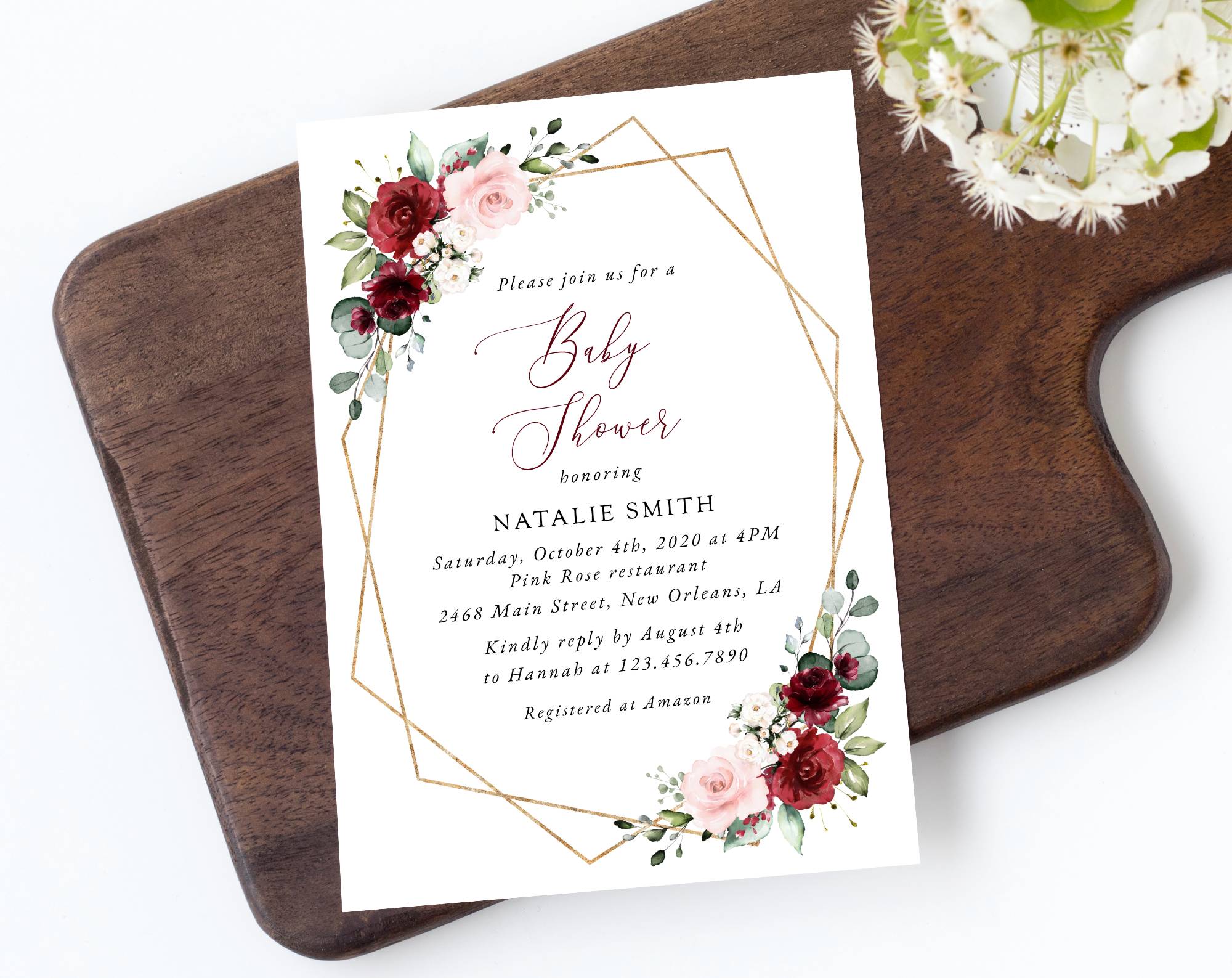 Burgundy and Pink Flowers Baby Shower Invitation, Girl Baby Shower, Printable File, Edit Yourself, SH213