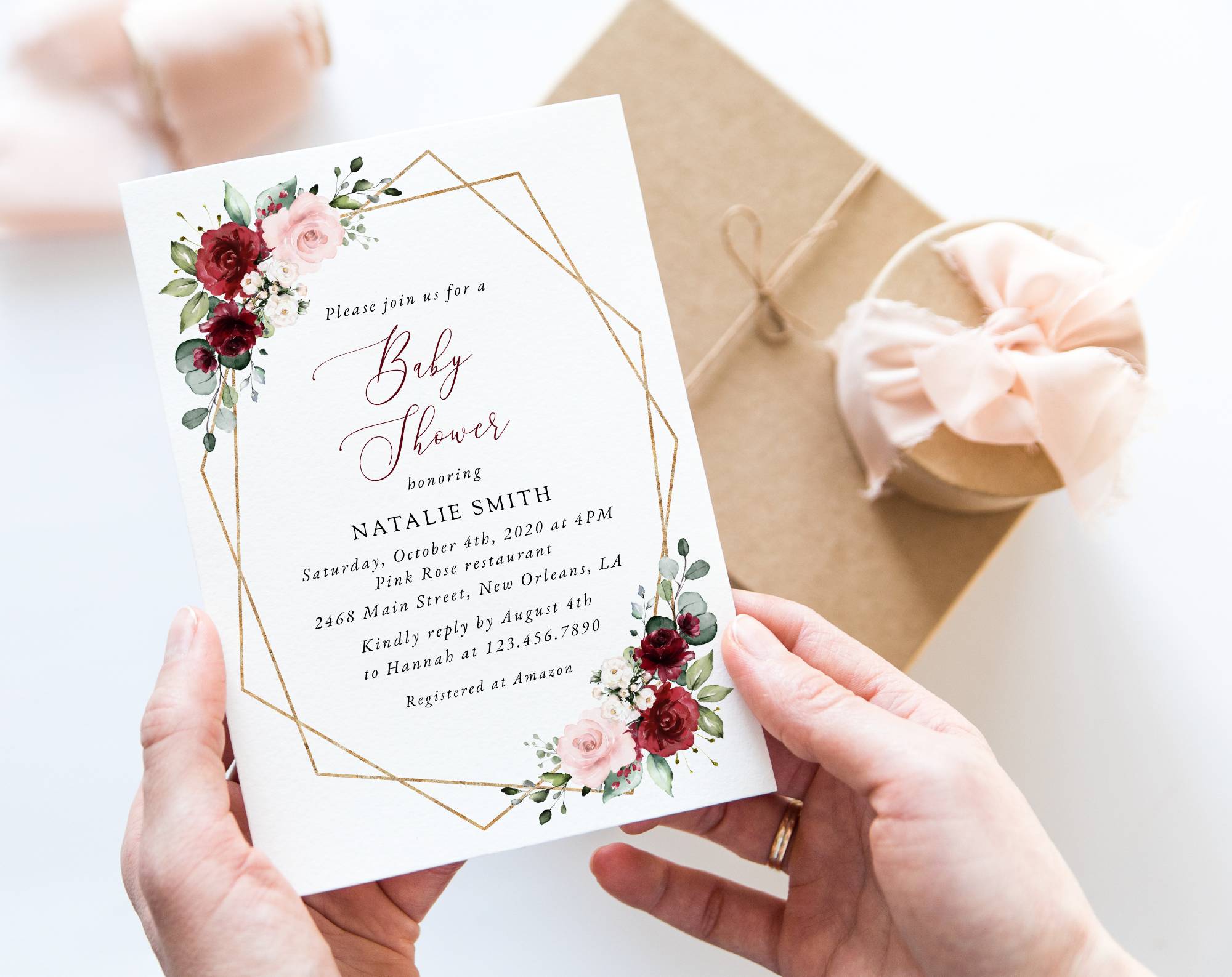 Burgundy and Pink Flowers Baby Shower Invitation, Girl Baby Shower, Printable File, Edit Yourself, SH213