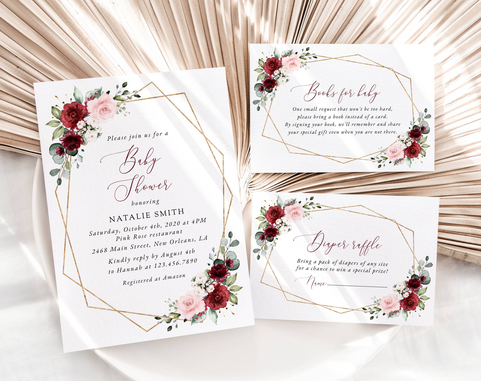 Burgundy and Pink Flowers Baby Shower Invitation Suite, Girl Baby Shower, Printable File, Edit Yourself, SH213