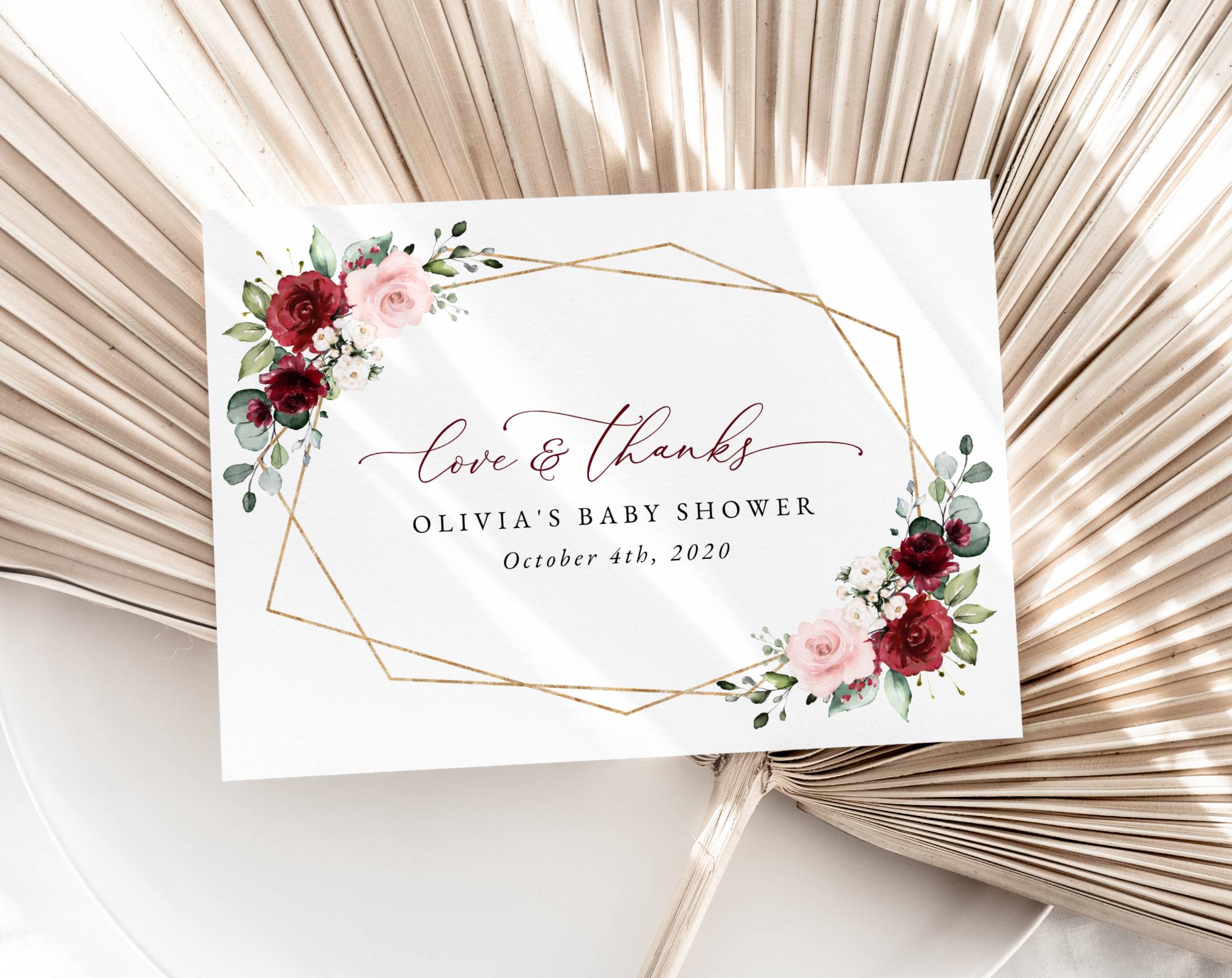 Burgundy and Pink Flowers Thank You Card, Girl Baby Shower, Printable File, Edit Yourself, SH213